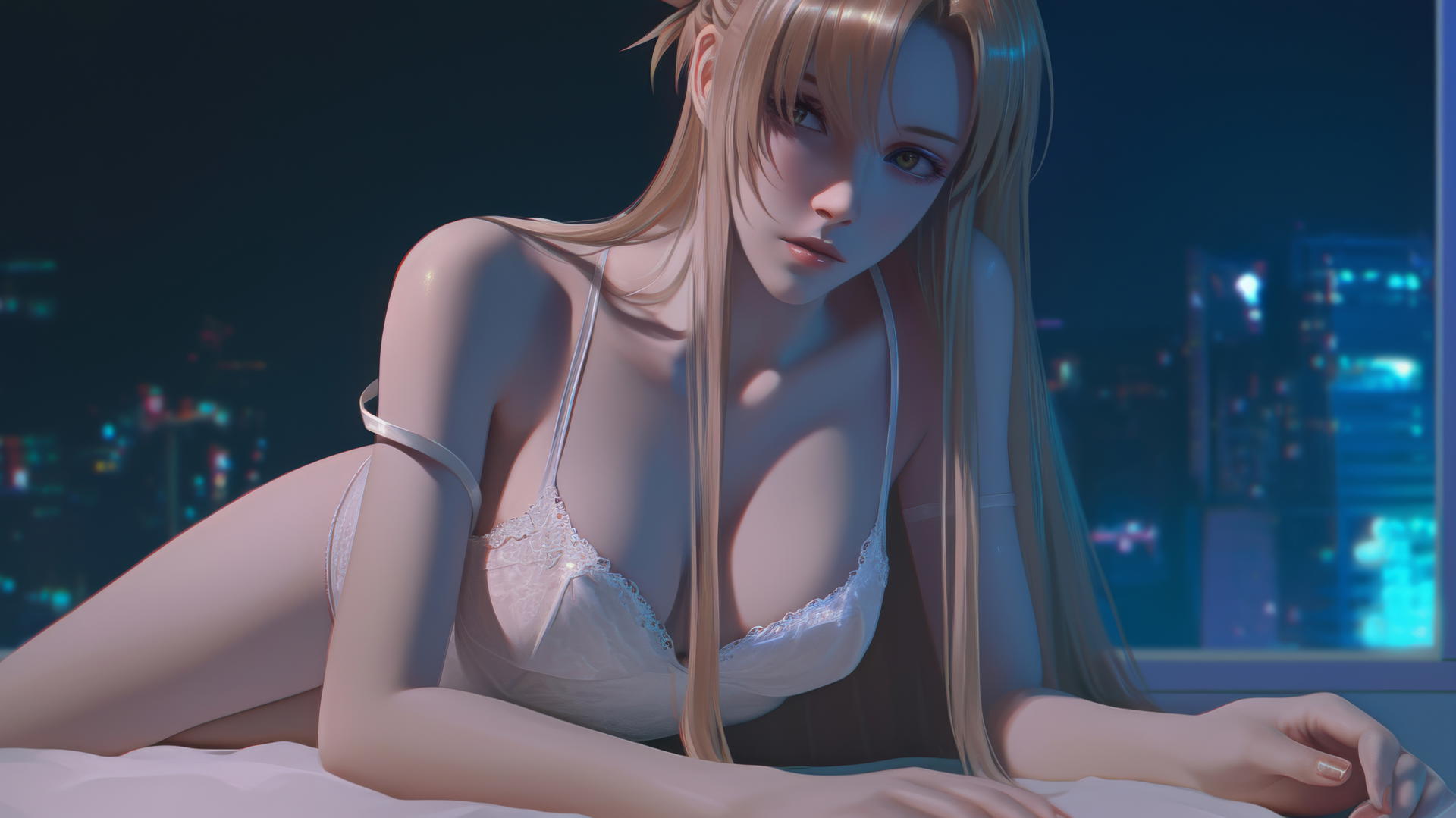 Asuna from Sword Art Online resting in a modern hotel room with neon light