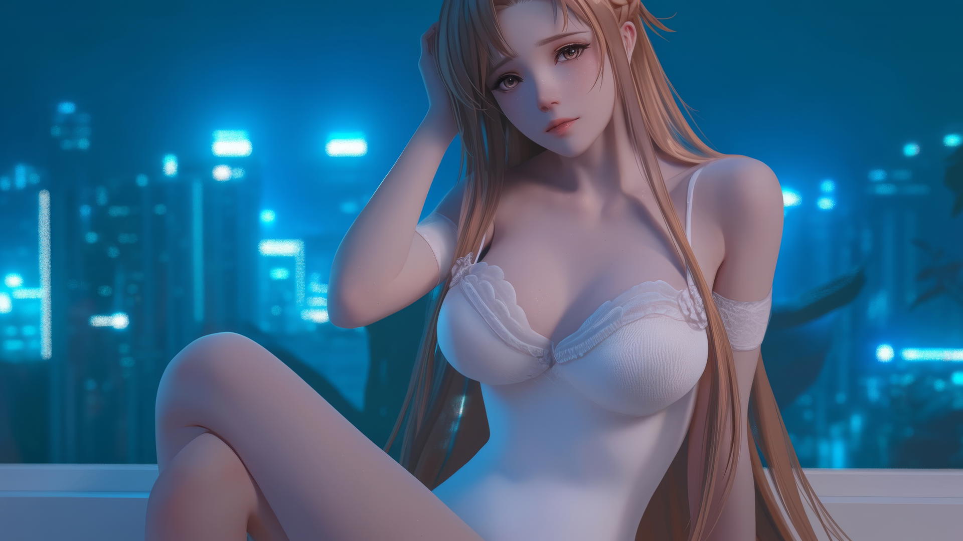 Asuna from Sword Art Online relaxing in a modern hotel room with neon lighting