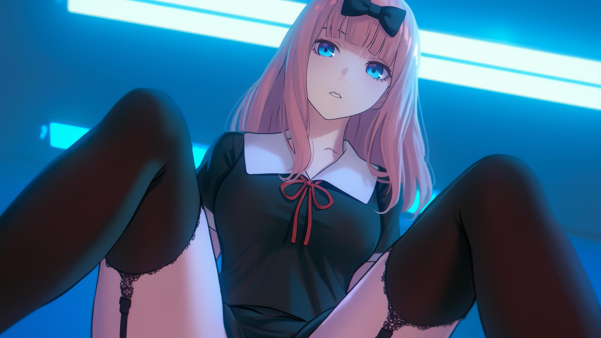 Chika Fujiwara kneeling, looking down with a soft glow from hotel ceiling lights.
