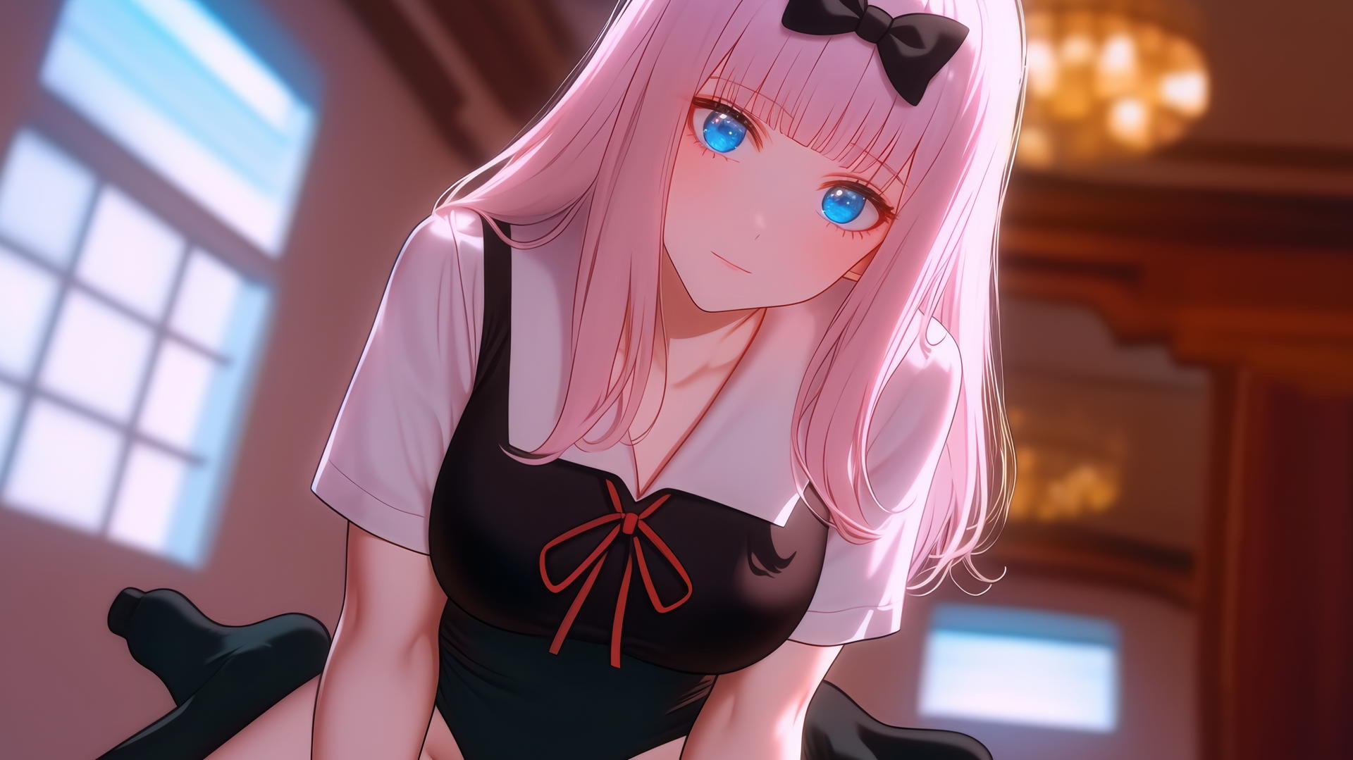 Chika Fujiwara kneeling with a hotel ceiling in the background, light pink hair and blue eyes