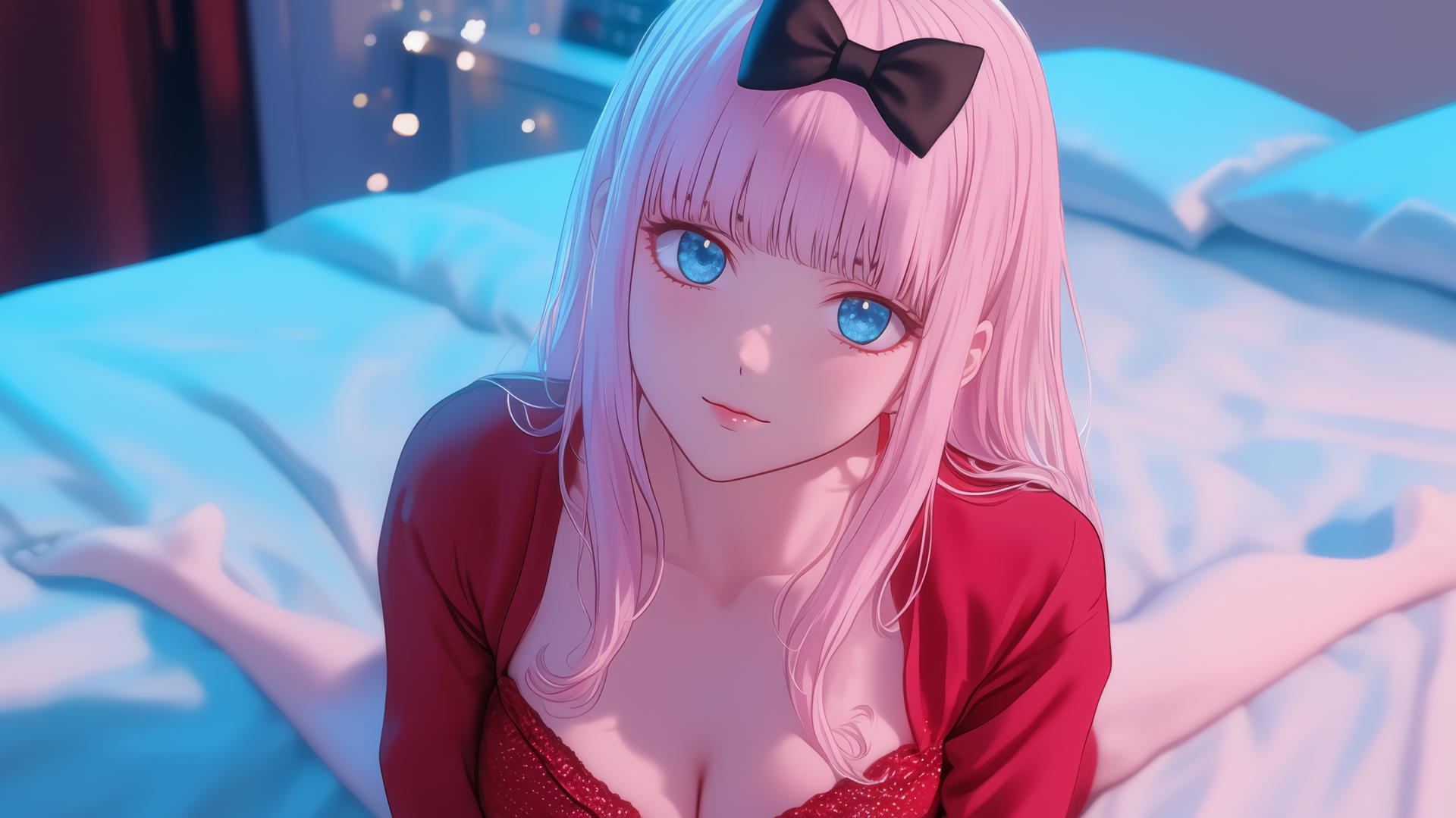 Chika Fujiwara kneeling, looking up, in a Christmas outfit