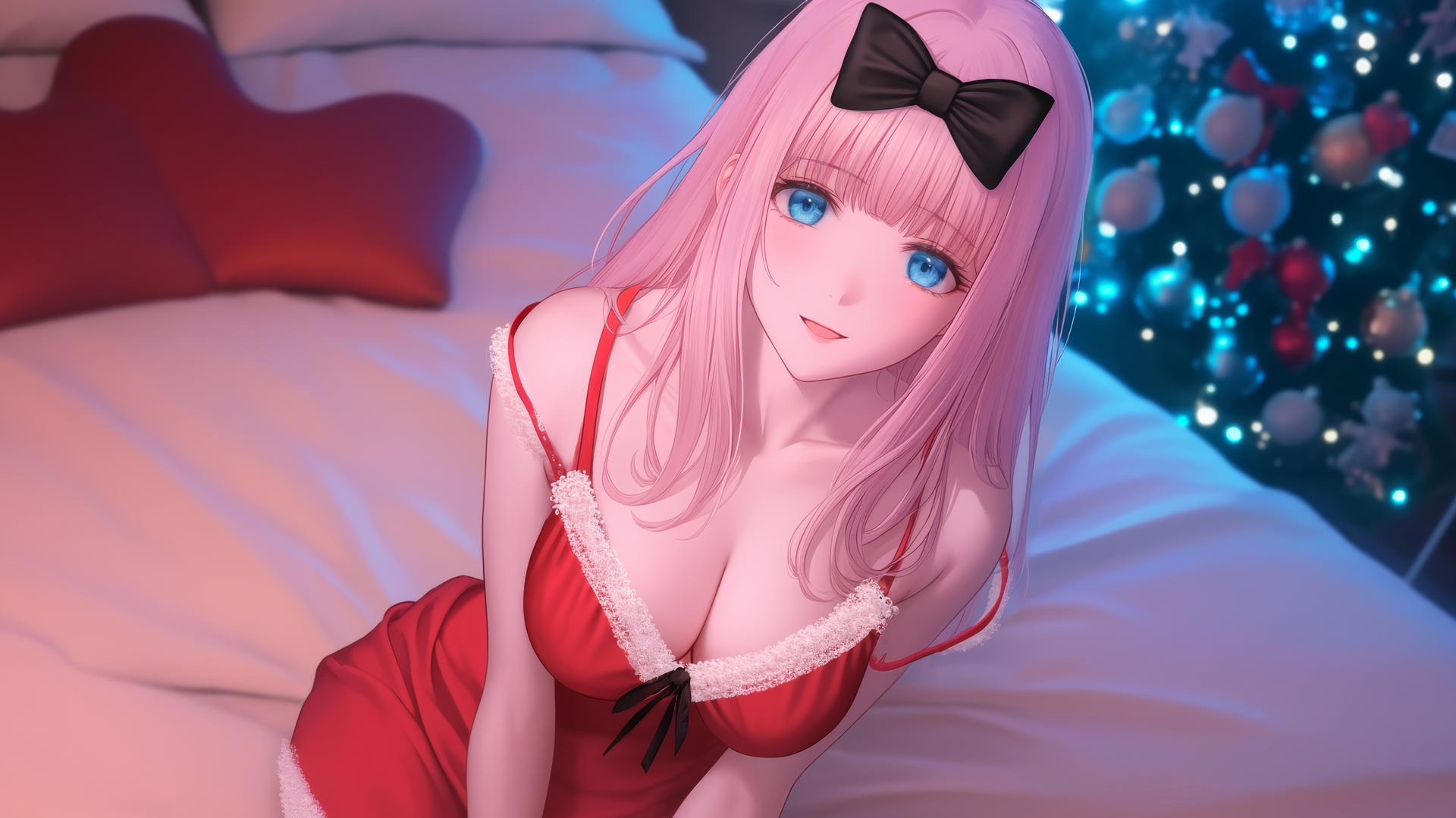 Chika Fujiwara from Kaguya-sama wa Kokurasetai kneeling, looking up, in Christmas attire with neon hotel glow.