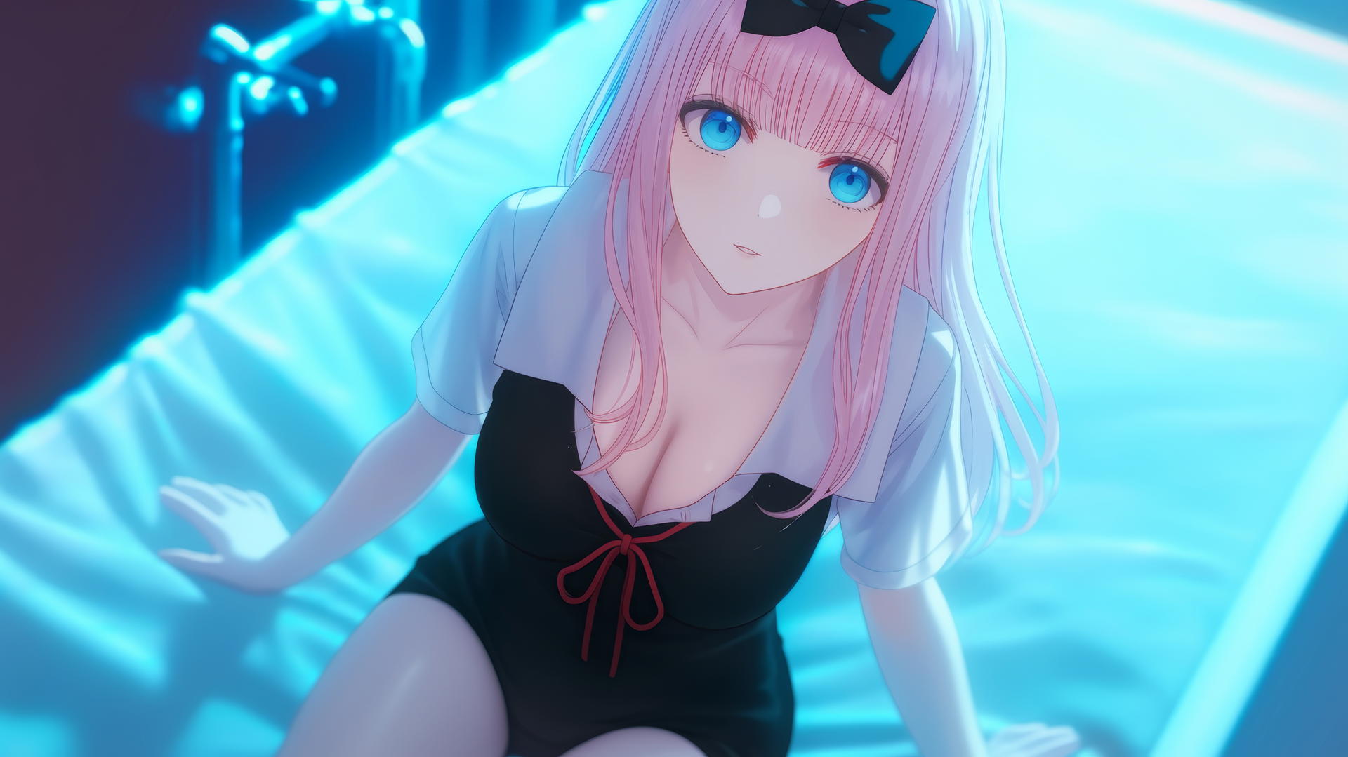 Chika Fujiwara kneeling and looking upward in a modern hotel tub with neon light glow