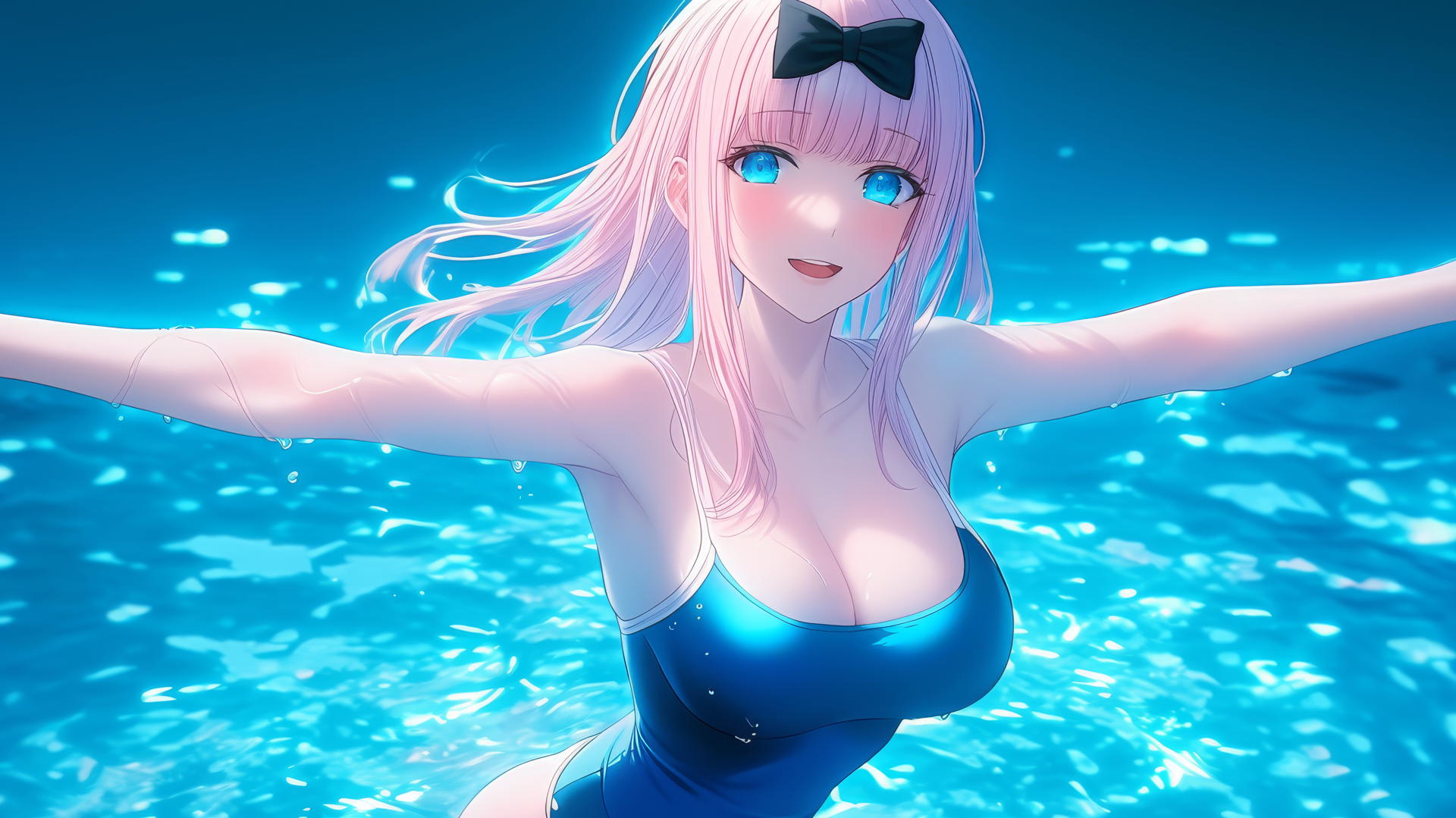 Chika Fujiwara from Kaguya sama wa Kokurasetai jumping out of a swimming pool with light pink hair and a black bow, illuminated by moonlight.