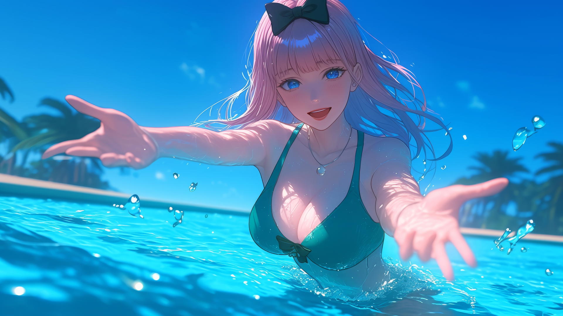 Chika Fujiwara from Kaguya-sama wa Kokurasetai jumping out of a swimming pool at night with moonlight highlighting her pink hair and blue eyes.