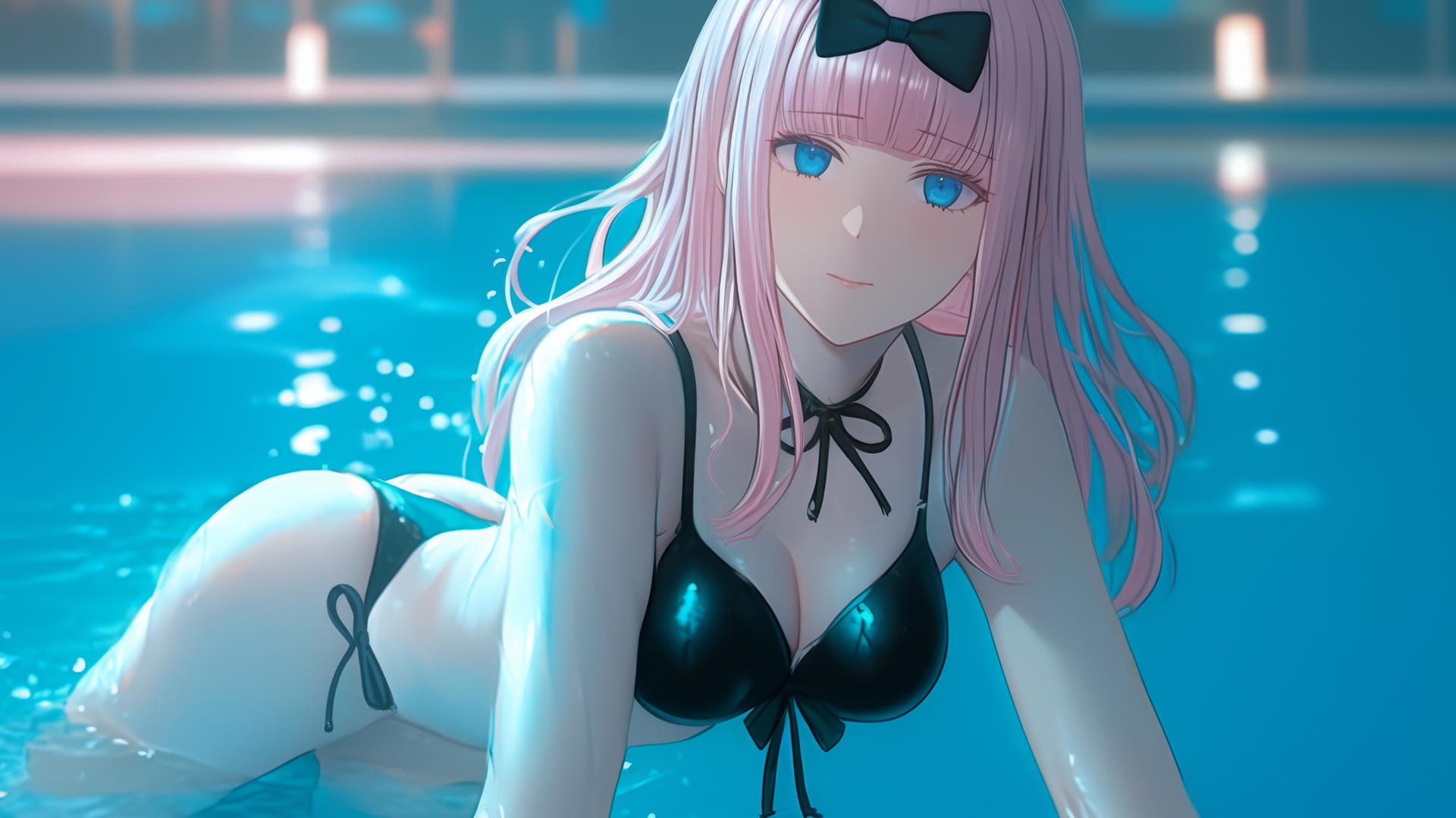 Chika Fujiwara from Kaguya-sama resting at a swimming pool, moonlight glow