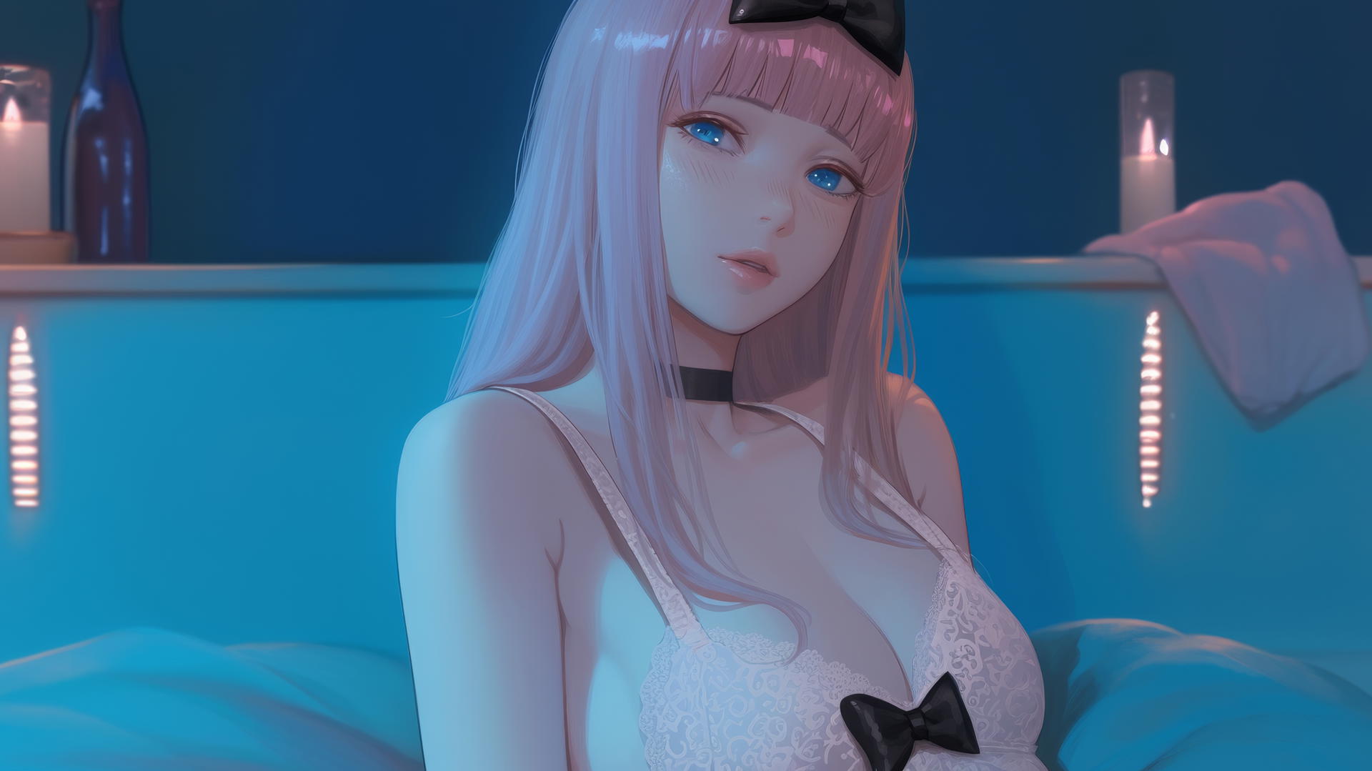 Chika Fujiwara with light pink hair and black bow, resting in a modern apartment under moonlight.
