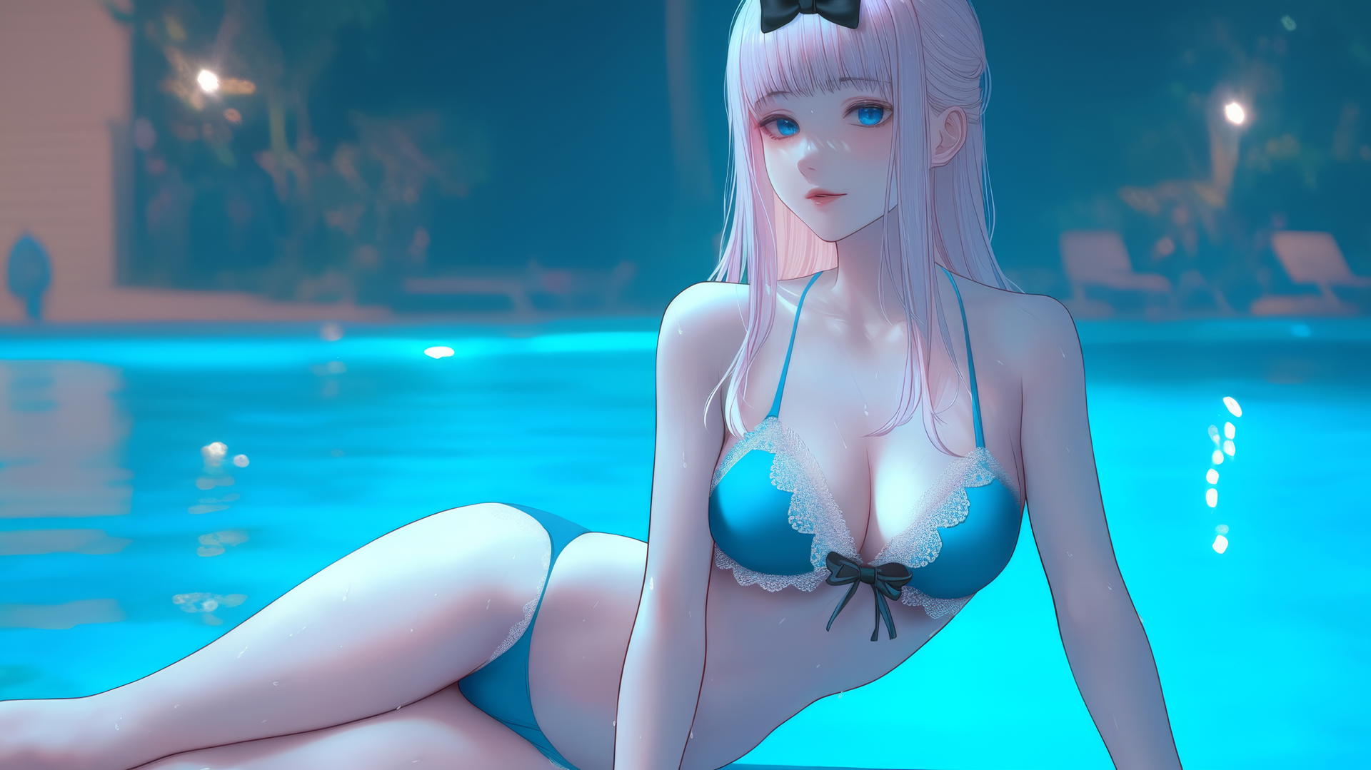 Chika Fujiwara resting by the swimming pool with moonlight on her.