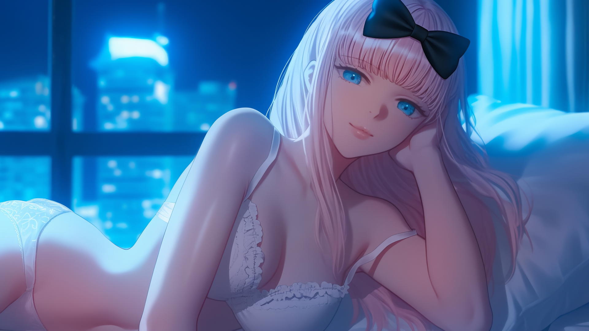 Chika Fujiwara with pink hair resting in a neon-lit modern hotel room