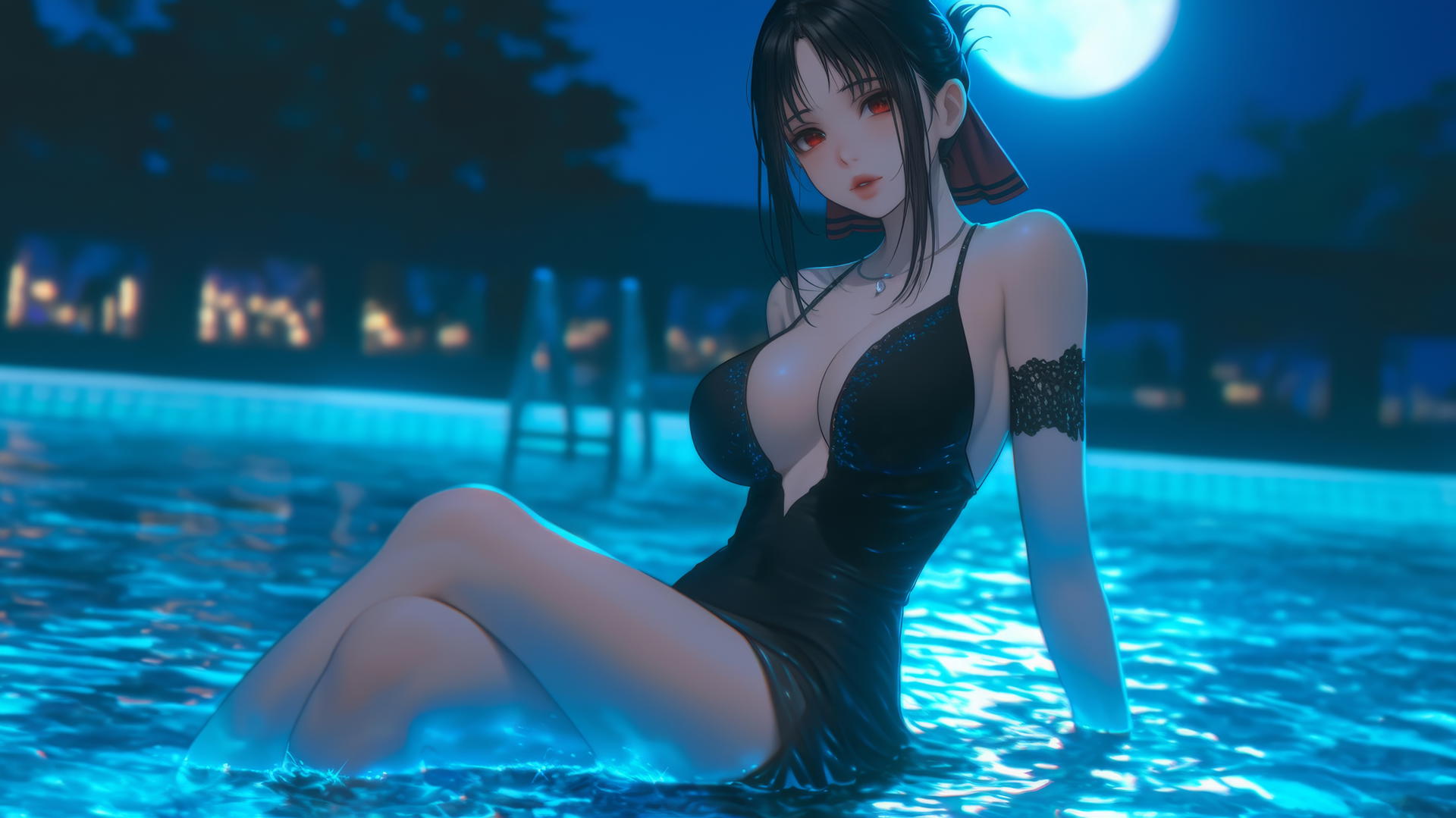 Kaguya Shinomiya from Kaguya-sama rests by the pool under moonlight.