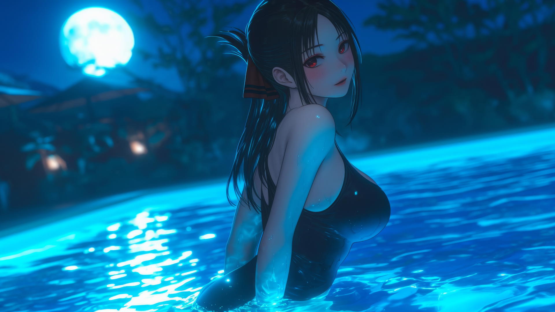 Kaguya Shinomiya with red eyes jumping out of a swimming pool under moonlight