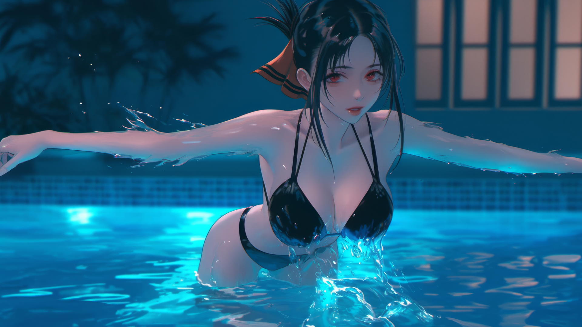 Kaguya Shinomiya with red eyes jumping out of a swimming pool under moonlight.