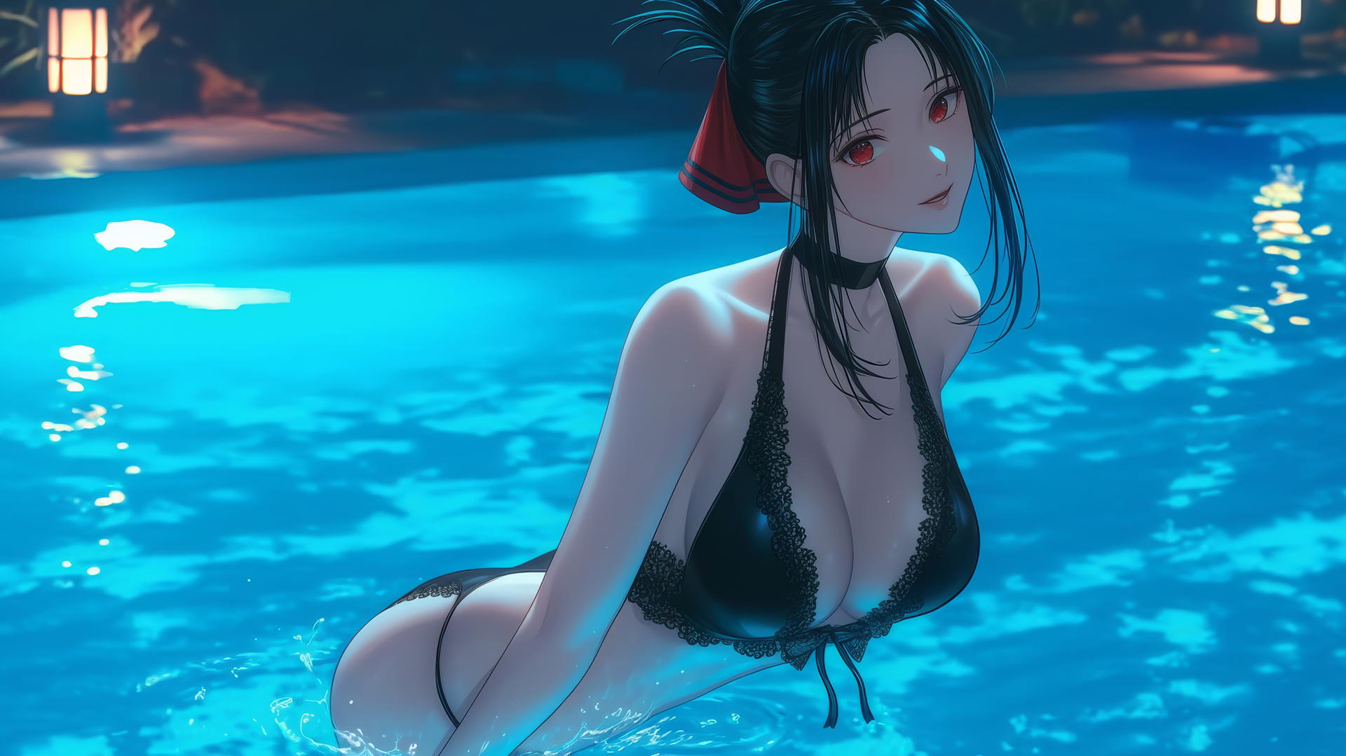 Kaguya Shinomiya jumping out of a swimming pool under moonlight
