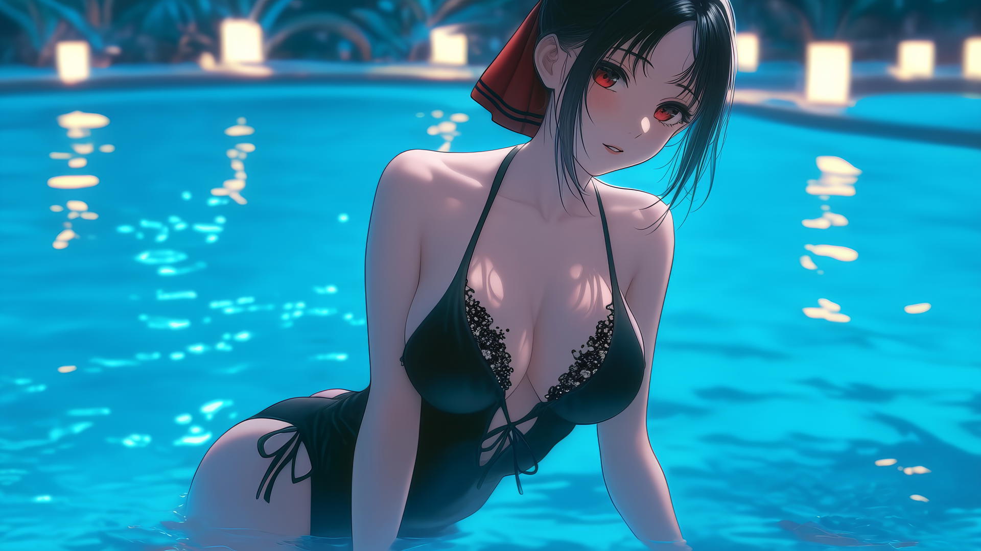 Kaguya Shinomiya from Kaguya-sama: Love Is War, jumping out of pool under moonlight.