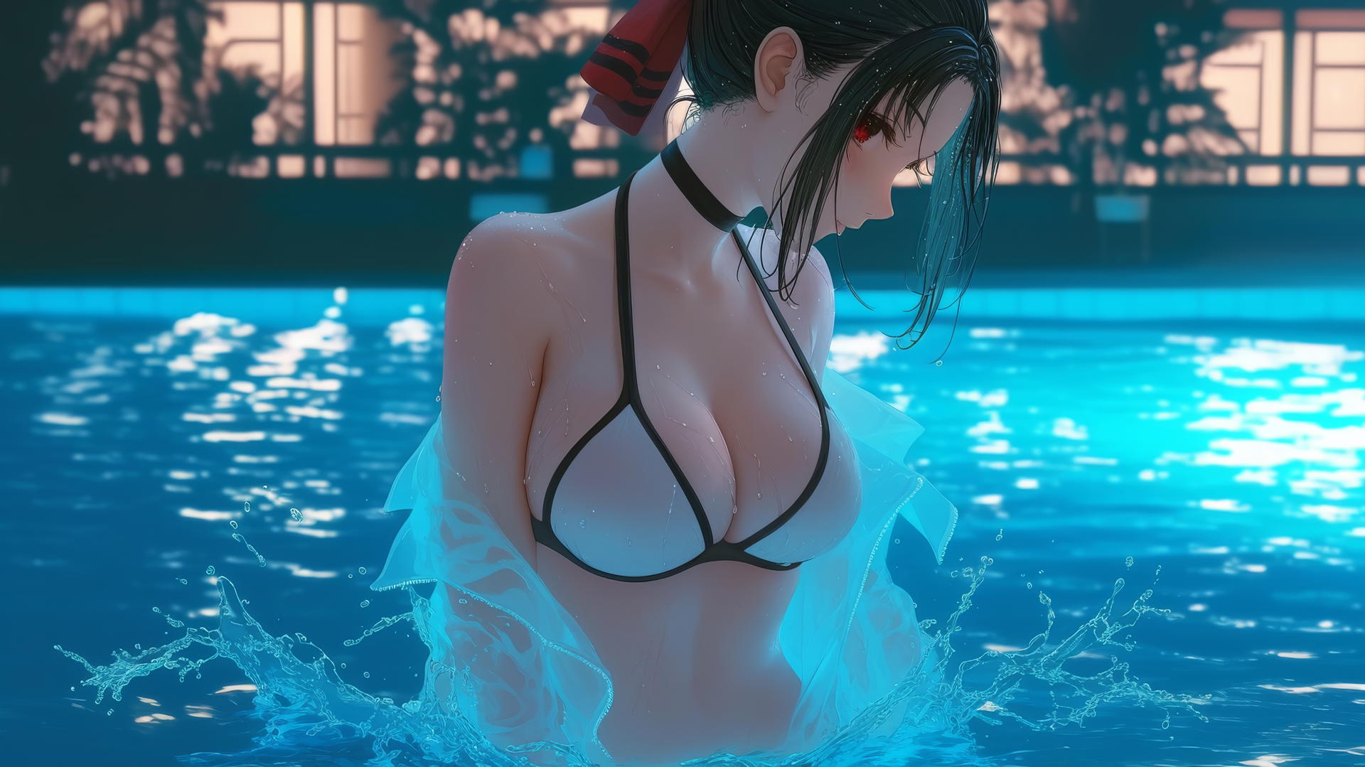 Kaguya Shinomiya with red eyes jumping out of swimming pool in moonlight