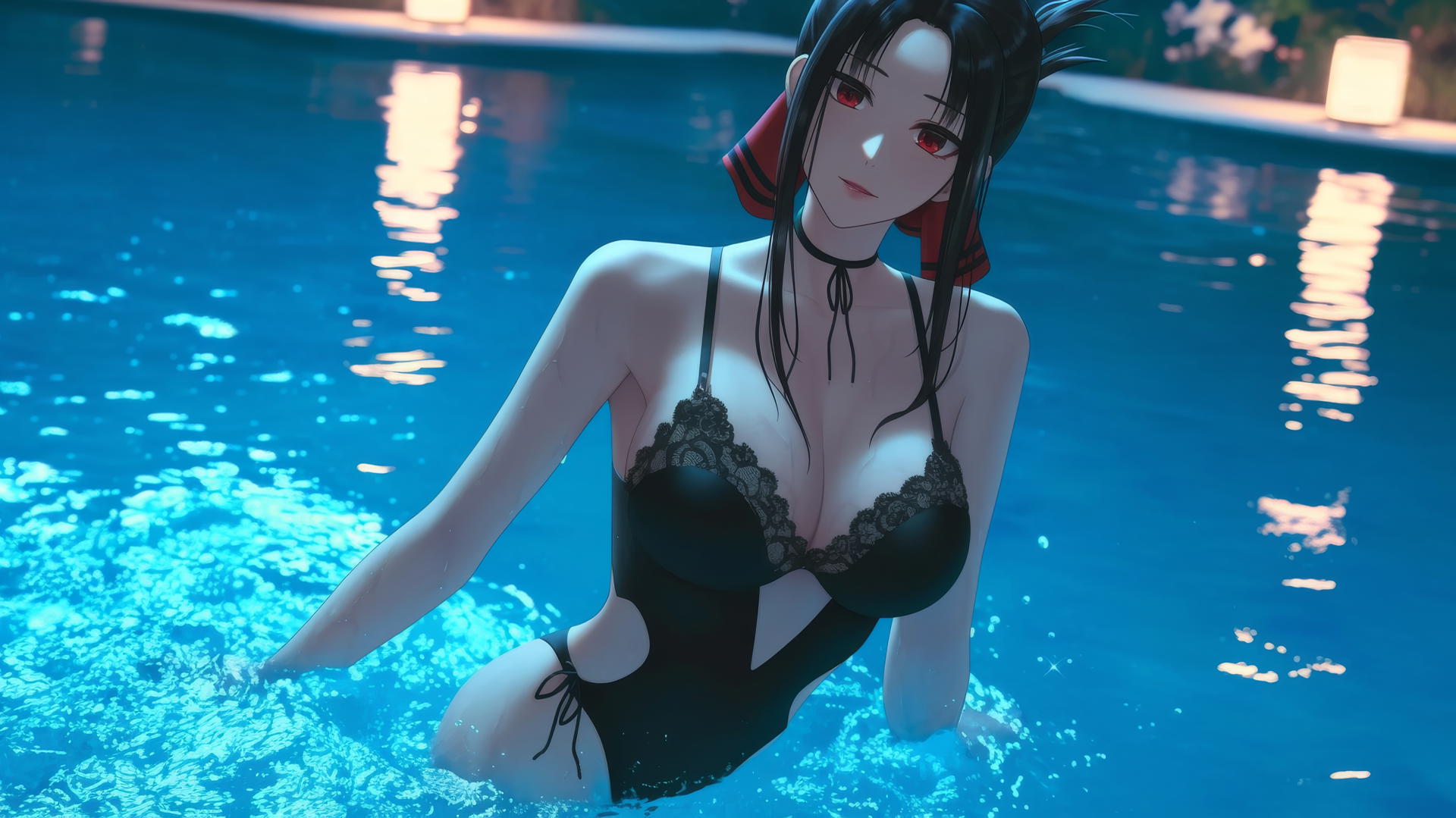 Kaguya Shinomiya jumping out of a swimming pool under moonlight