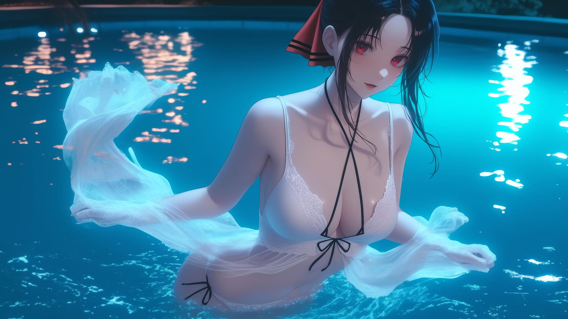 Kaguya Shinomiya with red eyes in white outfit, jumping out of a swimming pool under moonlight.