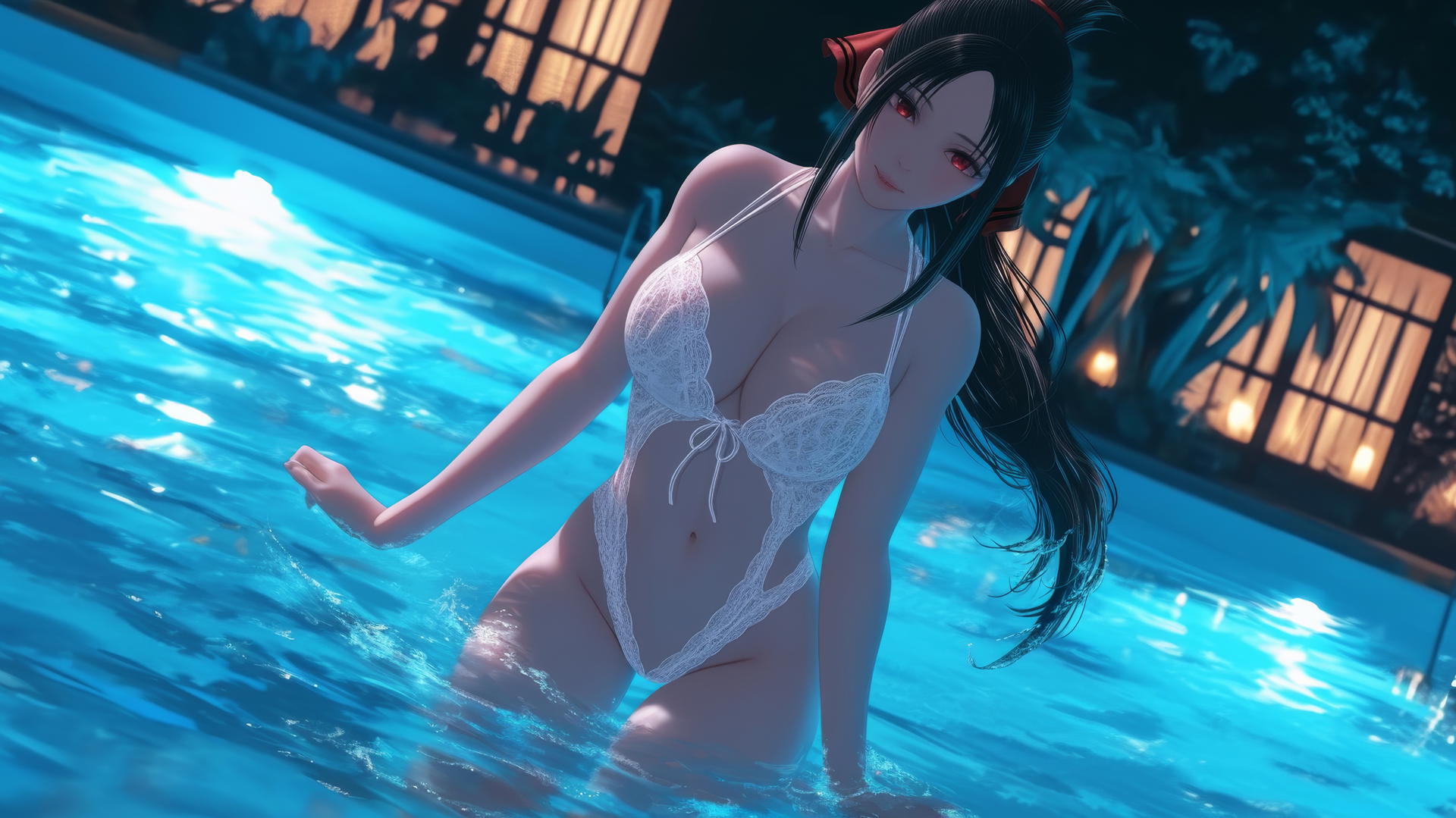 Kaguya Shinomiya jumping out of swimming pool under moonlight, red eyes, wearing white.