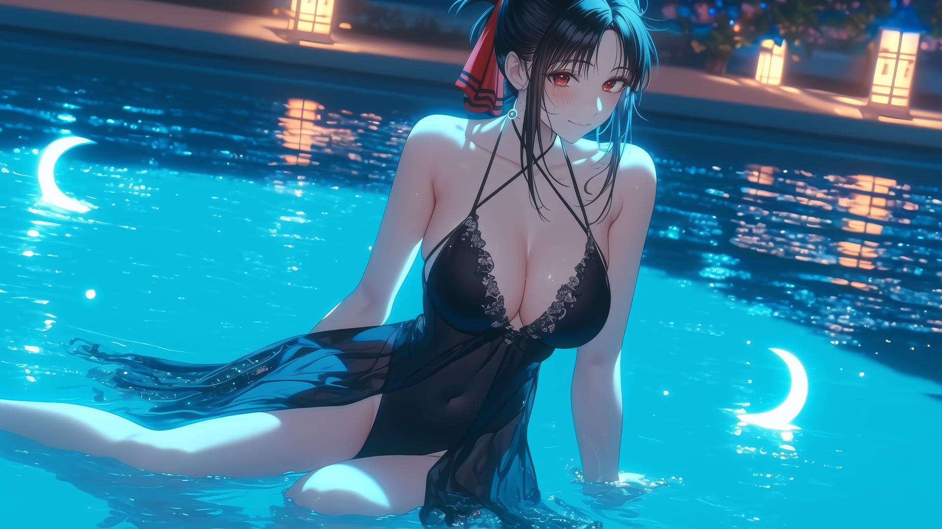 Kaguya Shinomiya with red eyes, dressed in red, leaping out of a pool under moonlight