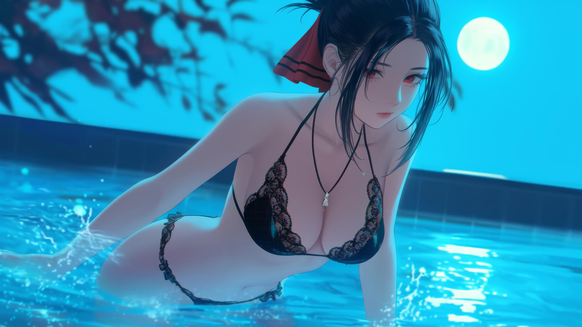 Kaguya Shinomiya with red eyes in a red outfit jumping out of a swimming pool under moonlight