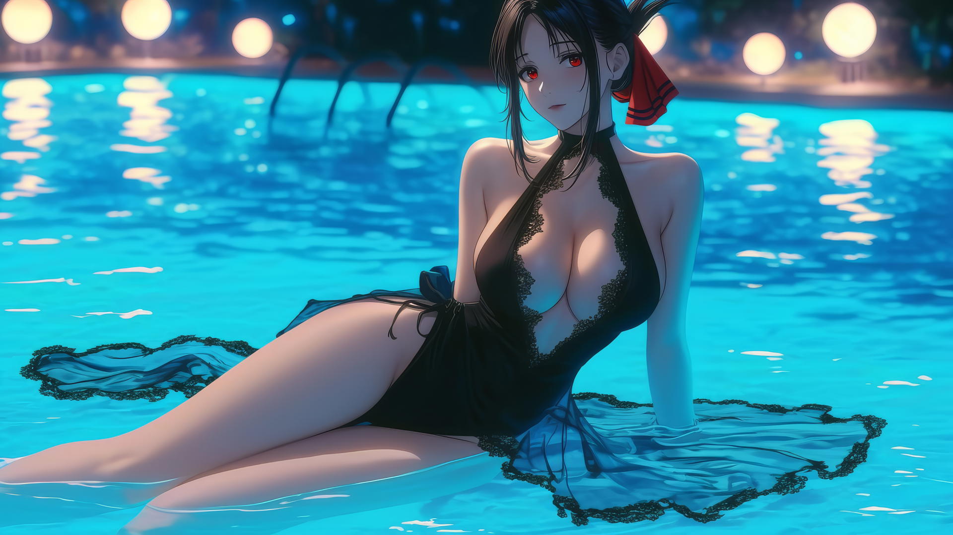 Kaguya Shinomiya with red eyes in a red outfit, resting by a pool under moonlight.