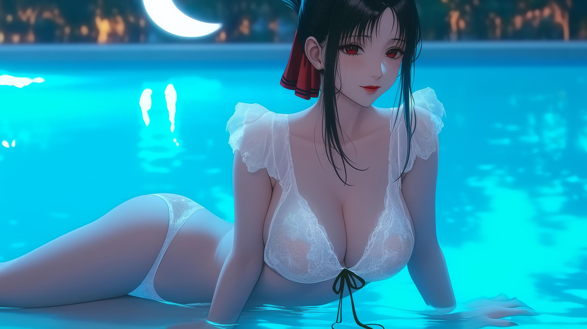 Kaguya Shinomiya with red eyes, wearing white, resting by a swimming pool under the moonlight.