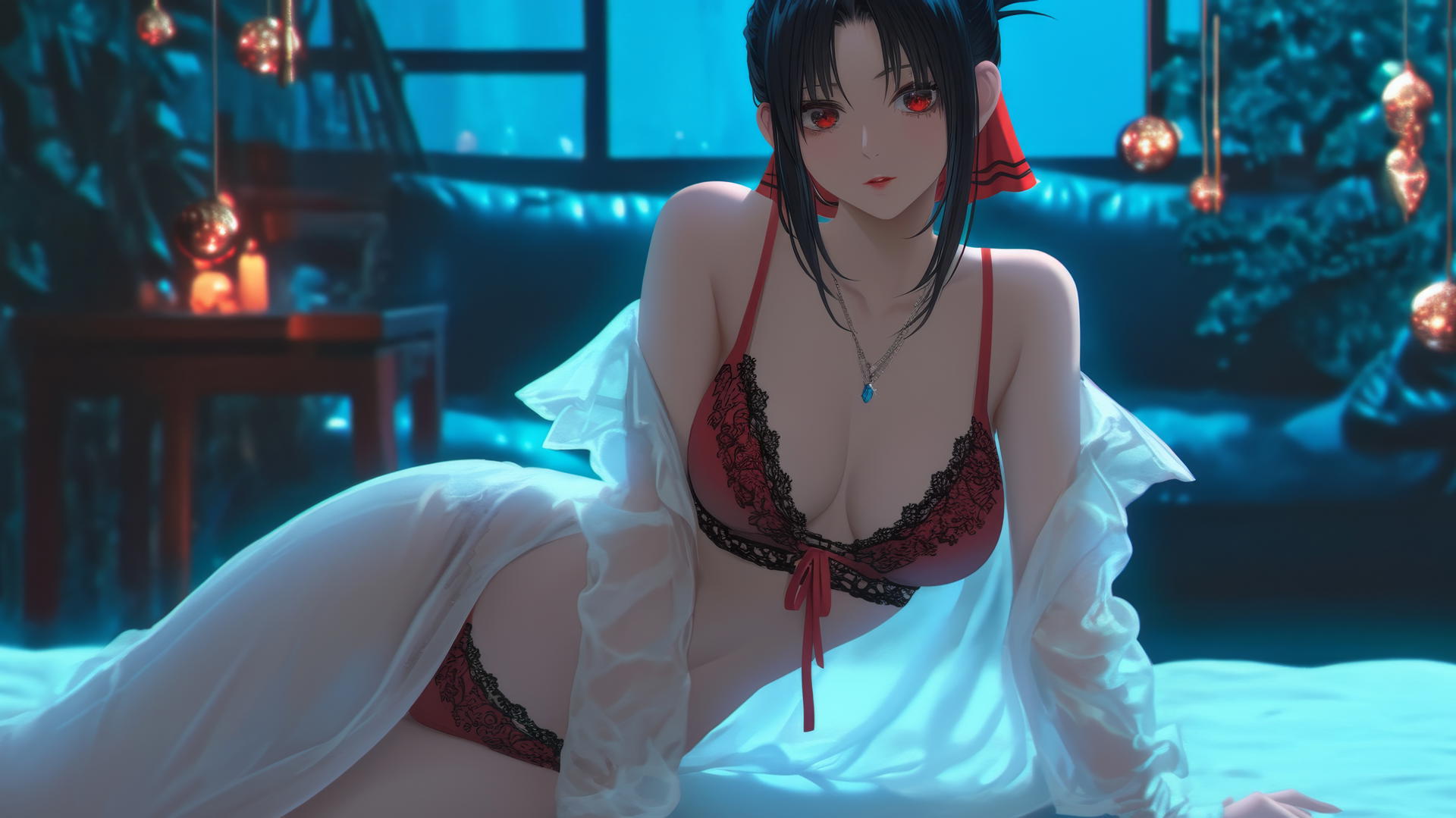 Kaguya Shinomiya from Kaguya-sama wa Kokurasetai, red eyes, in Christmas red outfit, glowing in neon light at modern hotel.
