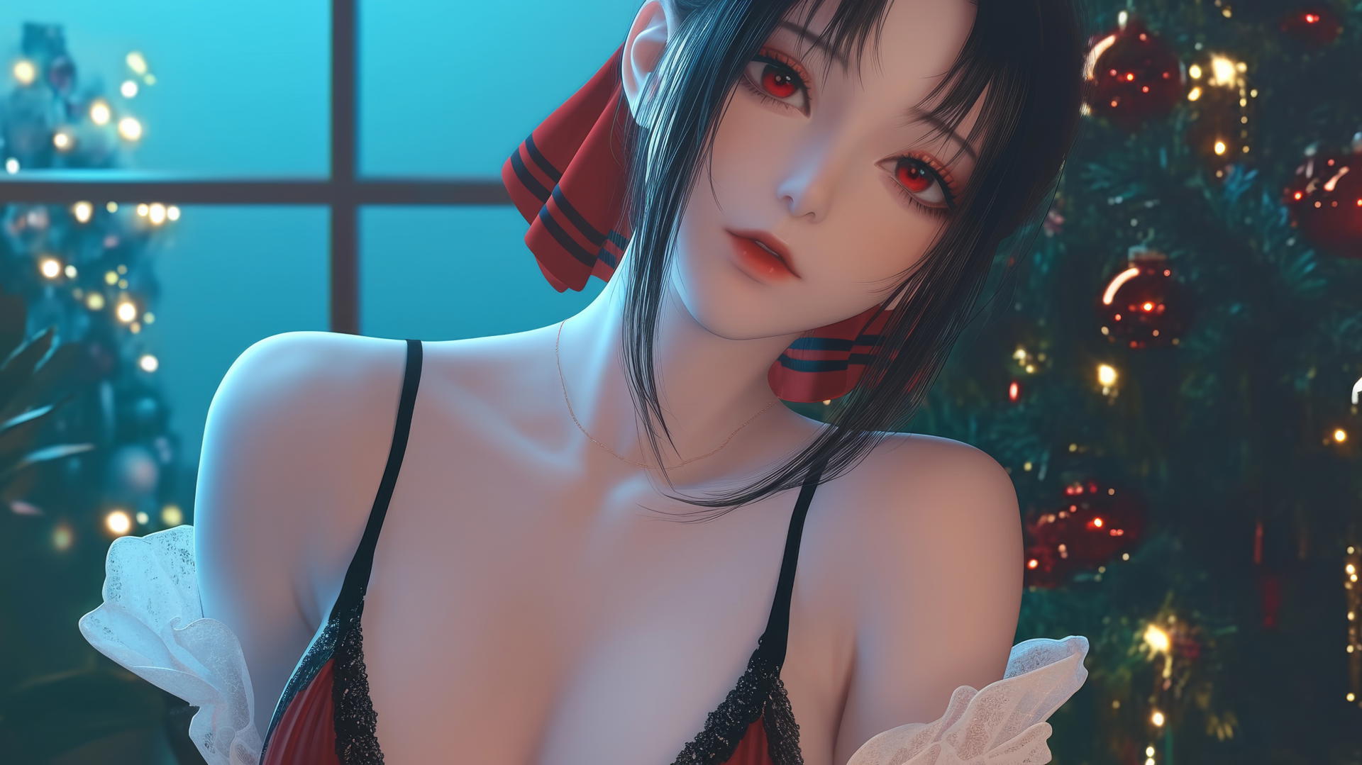 Kaguya Shinomiya from Kaguya-sama: Love Is War in Christmas attire with red eyes, in a modern hotel with neon lights.