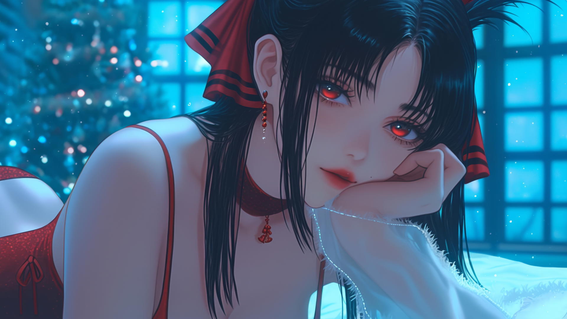 Kaguya Shinomiya in Christmas attire at a modern hotel with neon lights