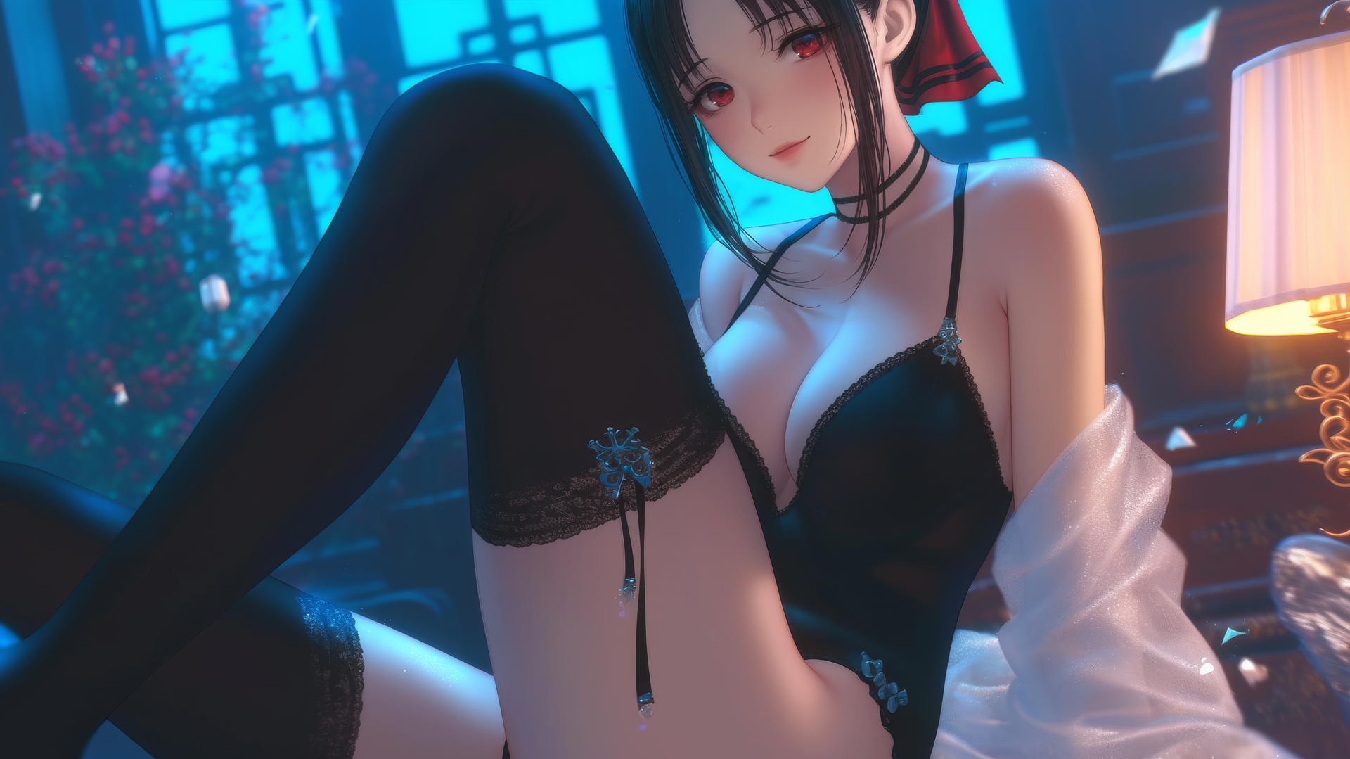 Kaguya Shinomiya kneeling and looking down, in Christmas attire, neon-lit.