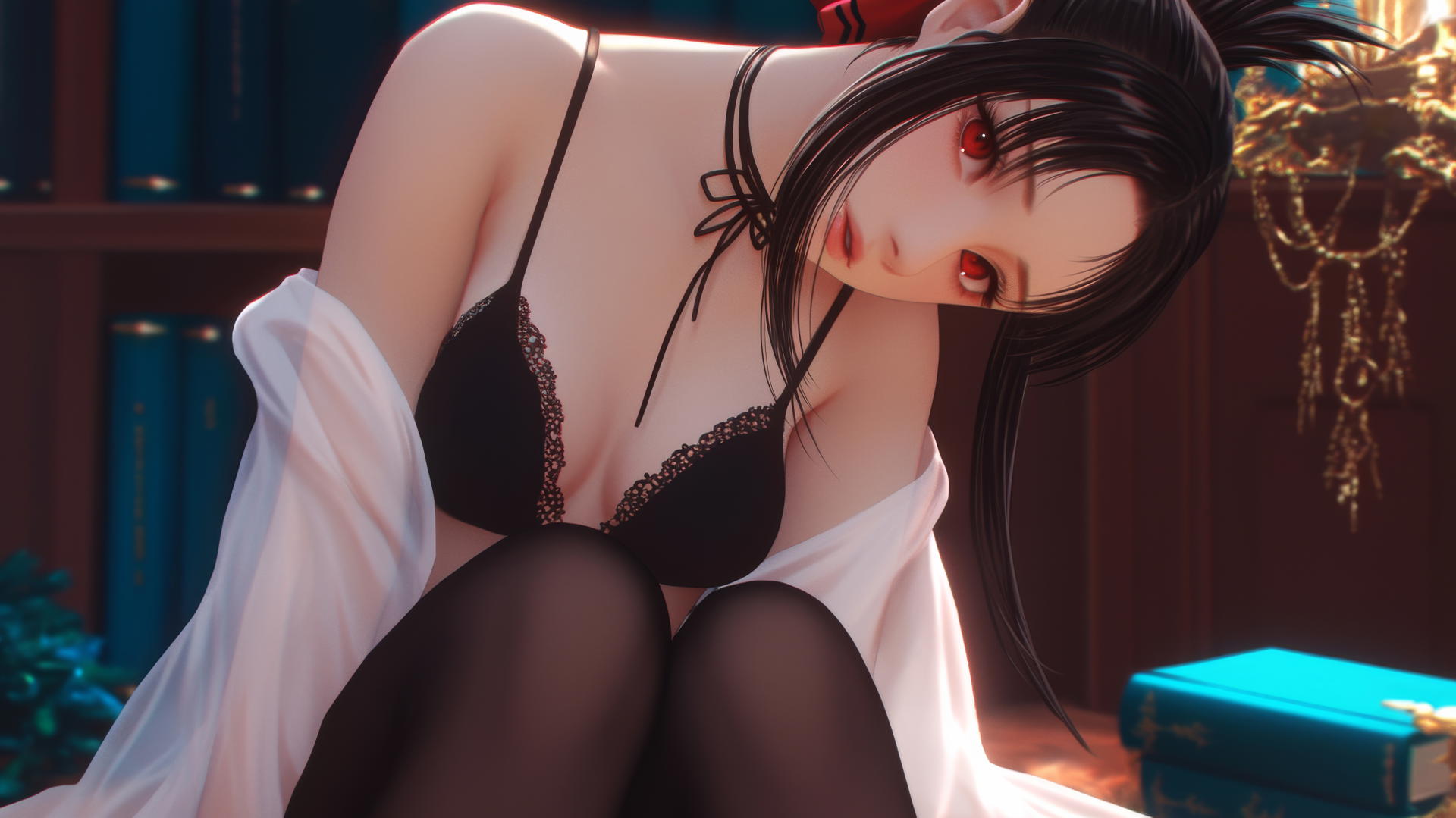 Kaguya Shinomiya in Christmas outfit with red eyes, neon light glow