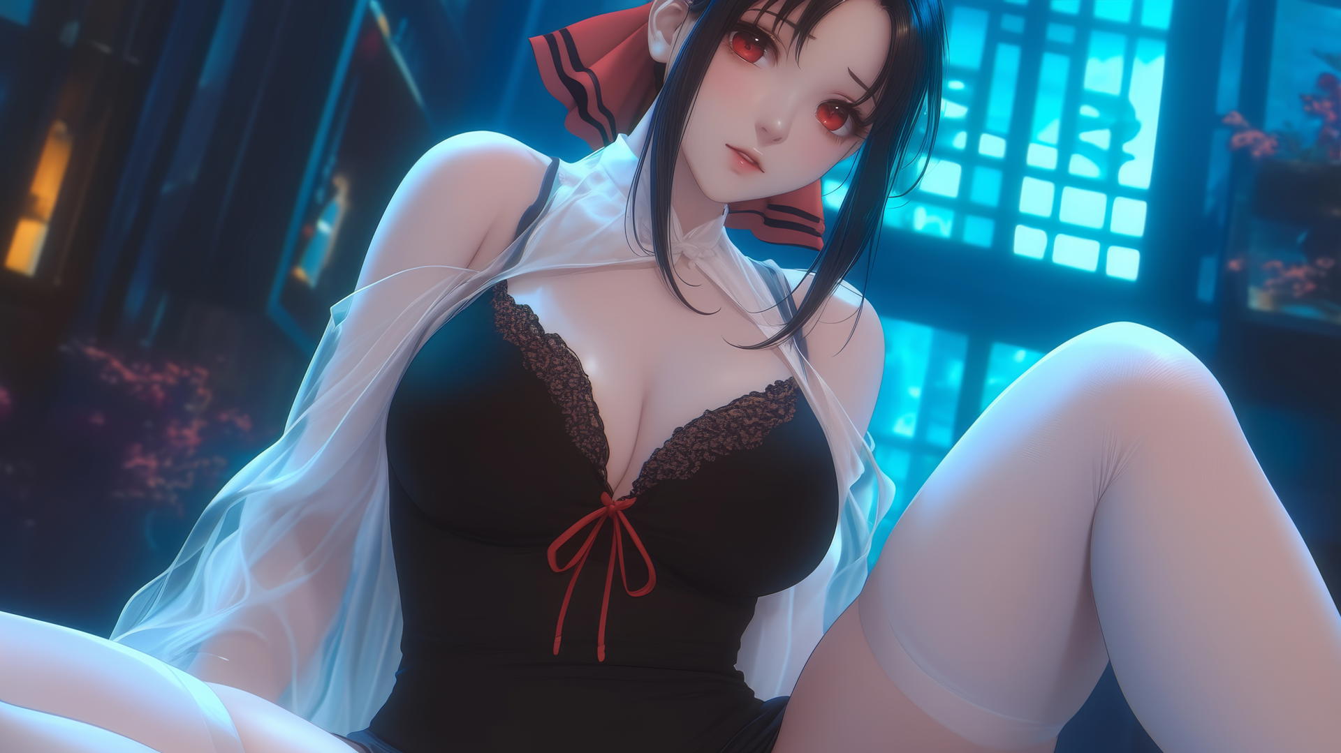 Kaguya Shinomiya kneeling, red eyes, neon ceiling light casting glow, biting cloth.