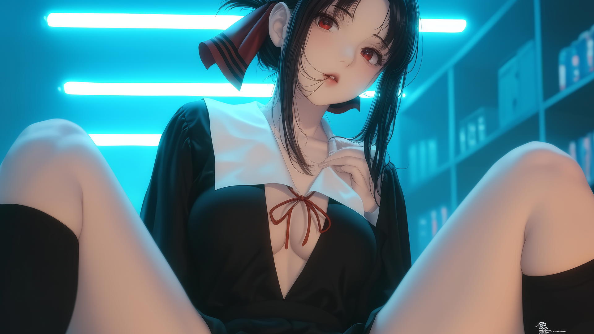 Kaguya Shinomiya with red eyes kneeling, seen from below with neon light glow.