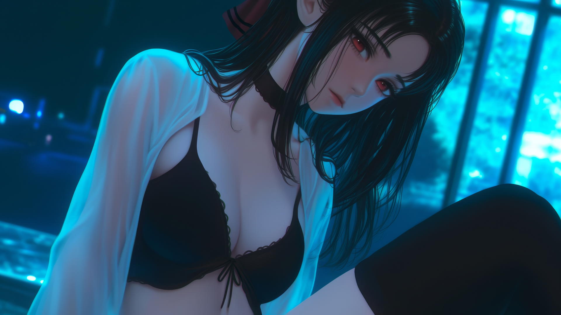 Kaguya Shinomiya kneeling with red eyes under neon ceiling lights, looking down