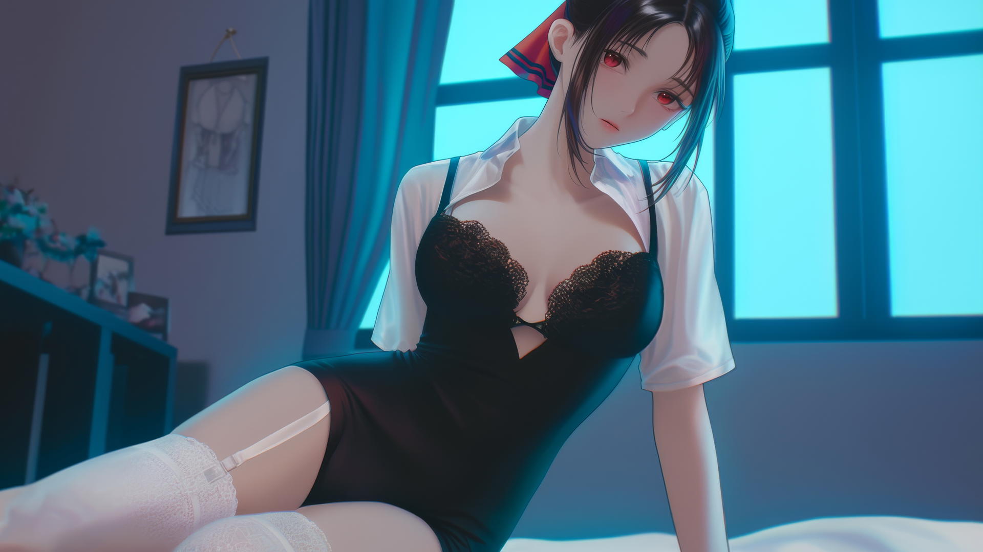 Kaguya Shinomiya from Kaguya-sama wa Kokurasetai kneeling and looking down with neon light glow.