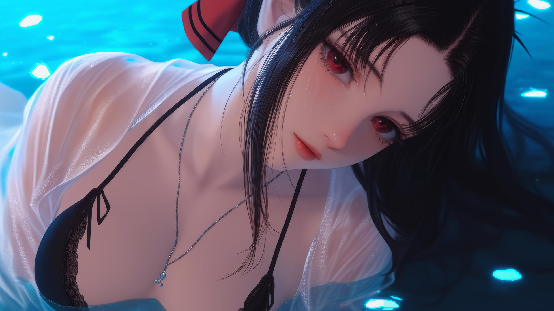 Kaguya Shinomiya kneeling, looking down, illuminated by ceiling neon lights