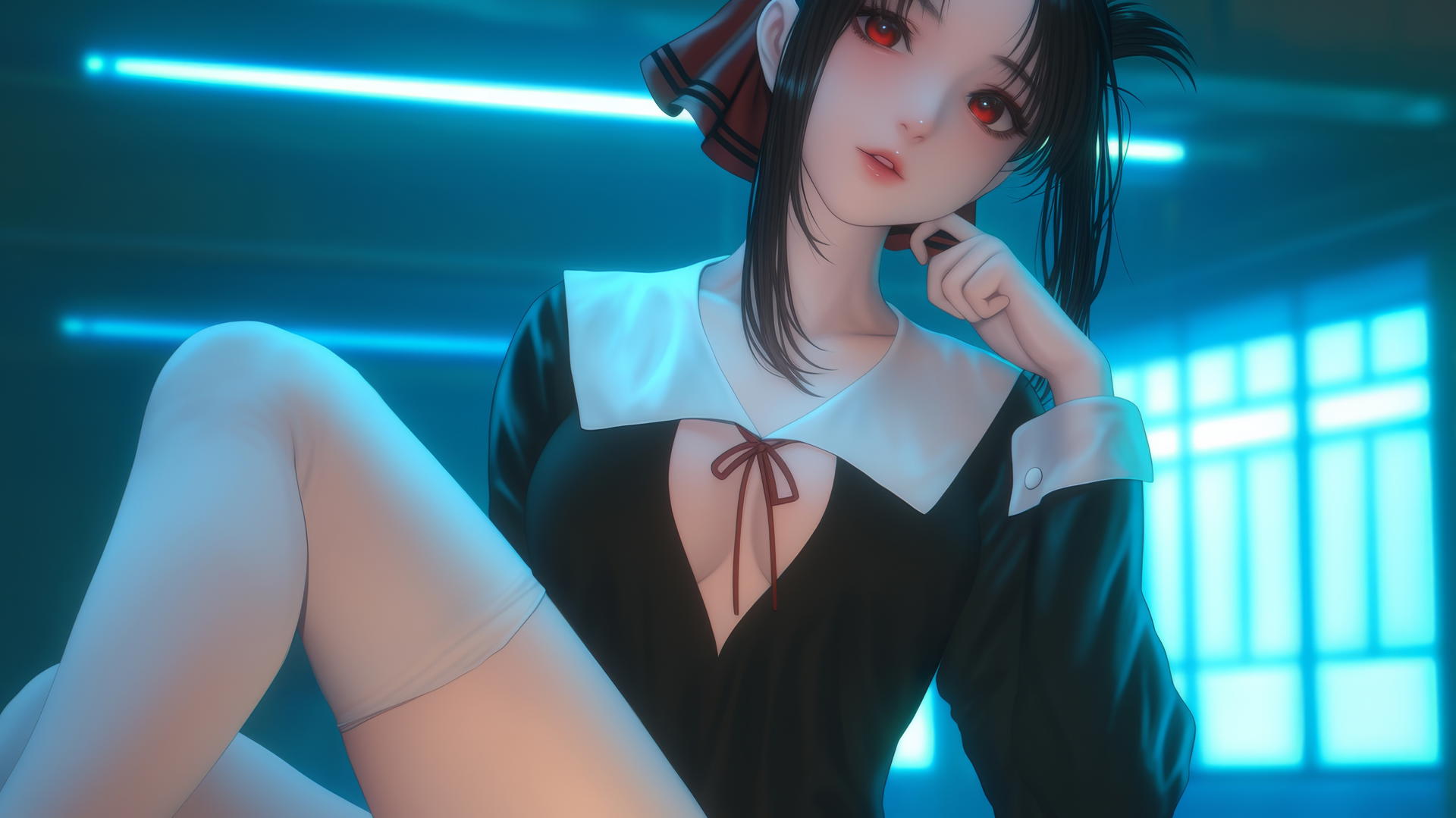 Kaguya Shinomiya with red eyes kneeling, looking down with neon ceiling light glow.