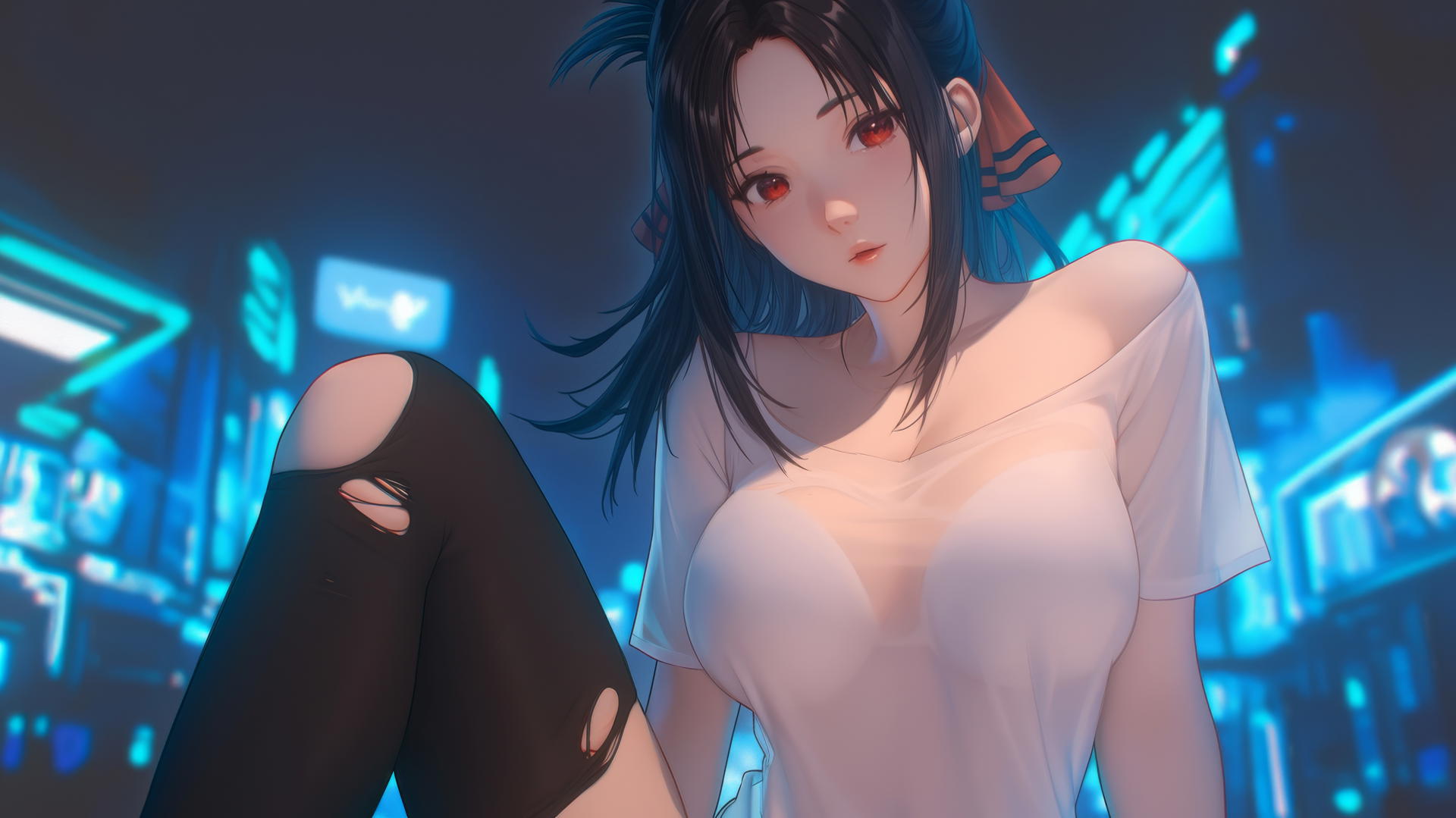 Kaguya Shinomiya with red eyes, kneeling and looking down, neon ceiling light glow.