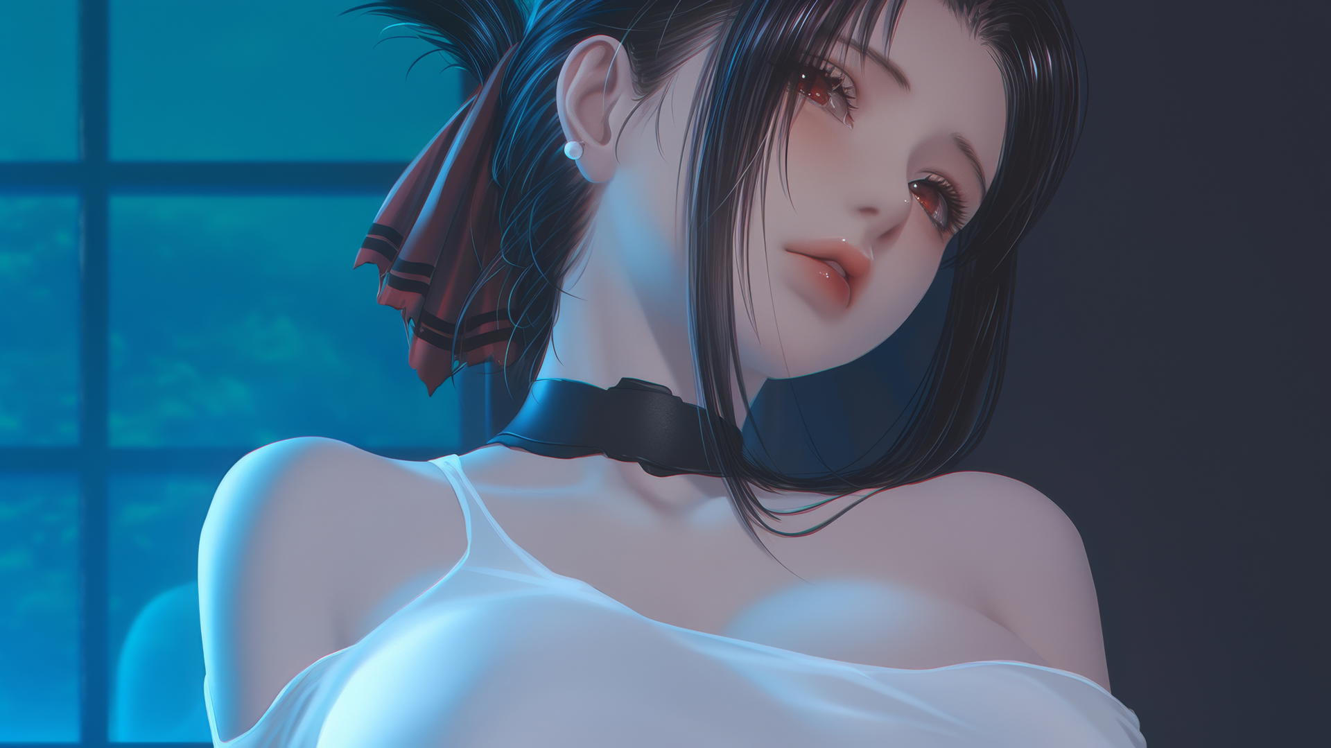 Kaguya Shinomiya with red eyes in a broken white t-shirt, neon light glow.
