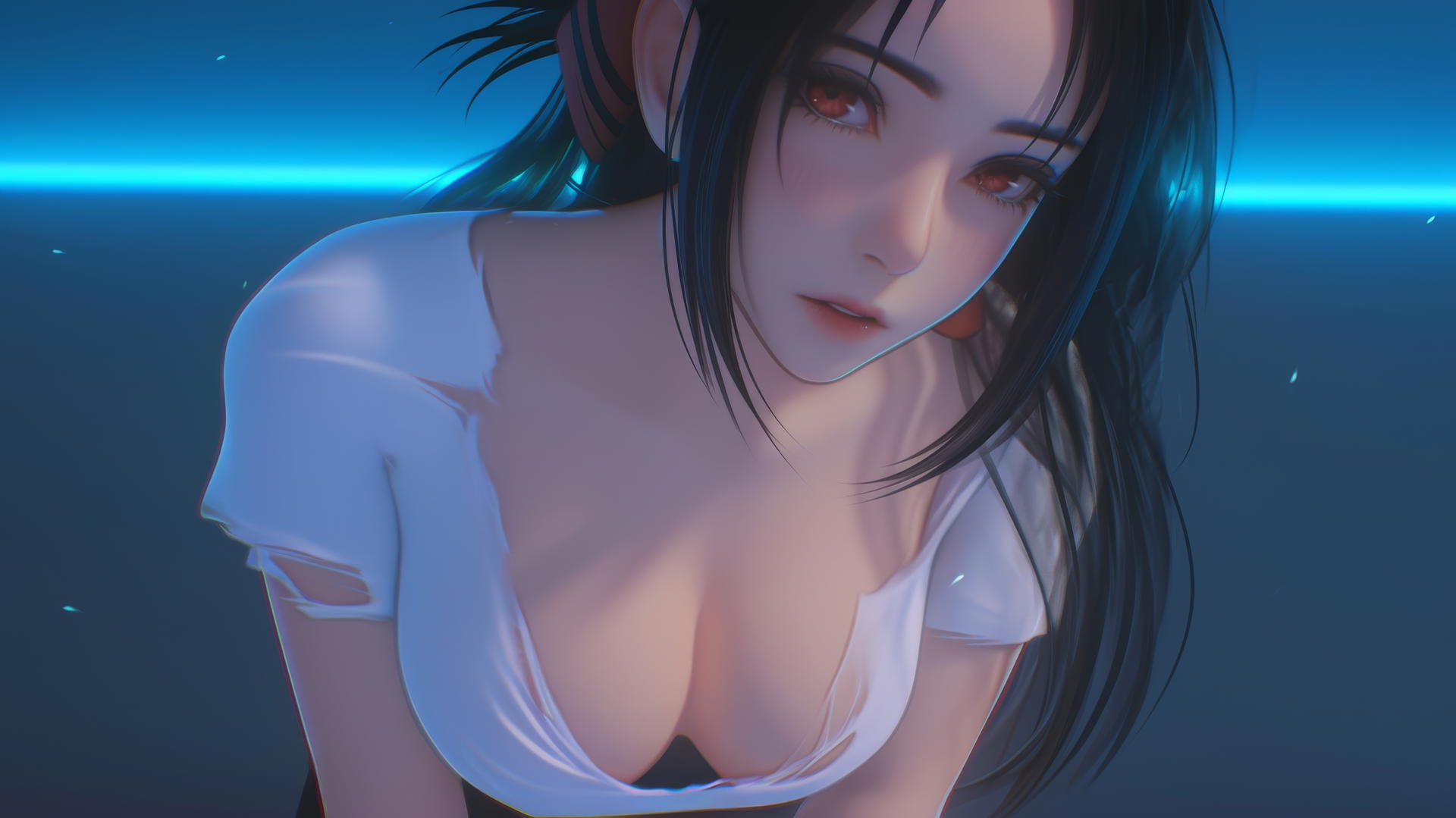 Kaguya Shinomiya kneeling, looking down with red eyes, in neon light