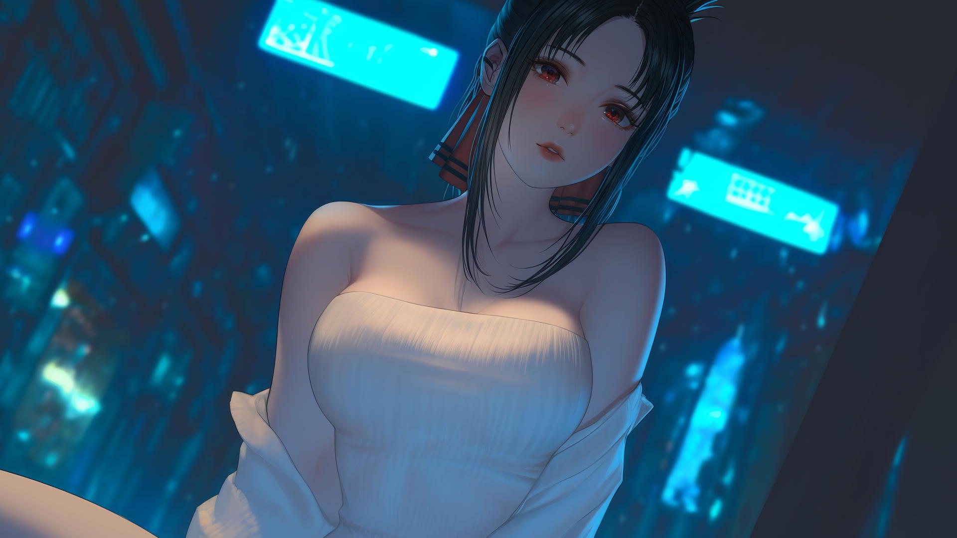 Kaguya Shinomiya with red eyes kneeling and looking down, neon ceiling light glow