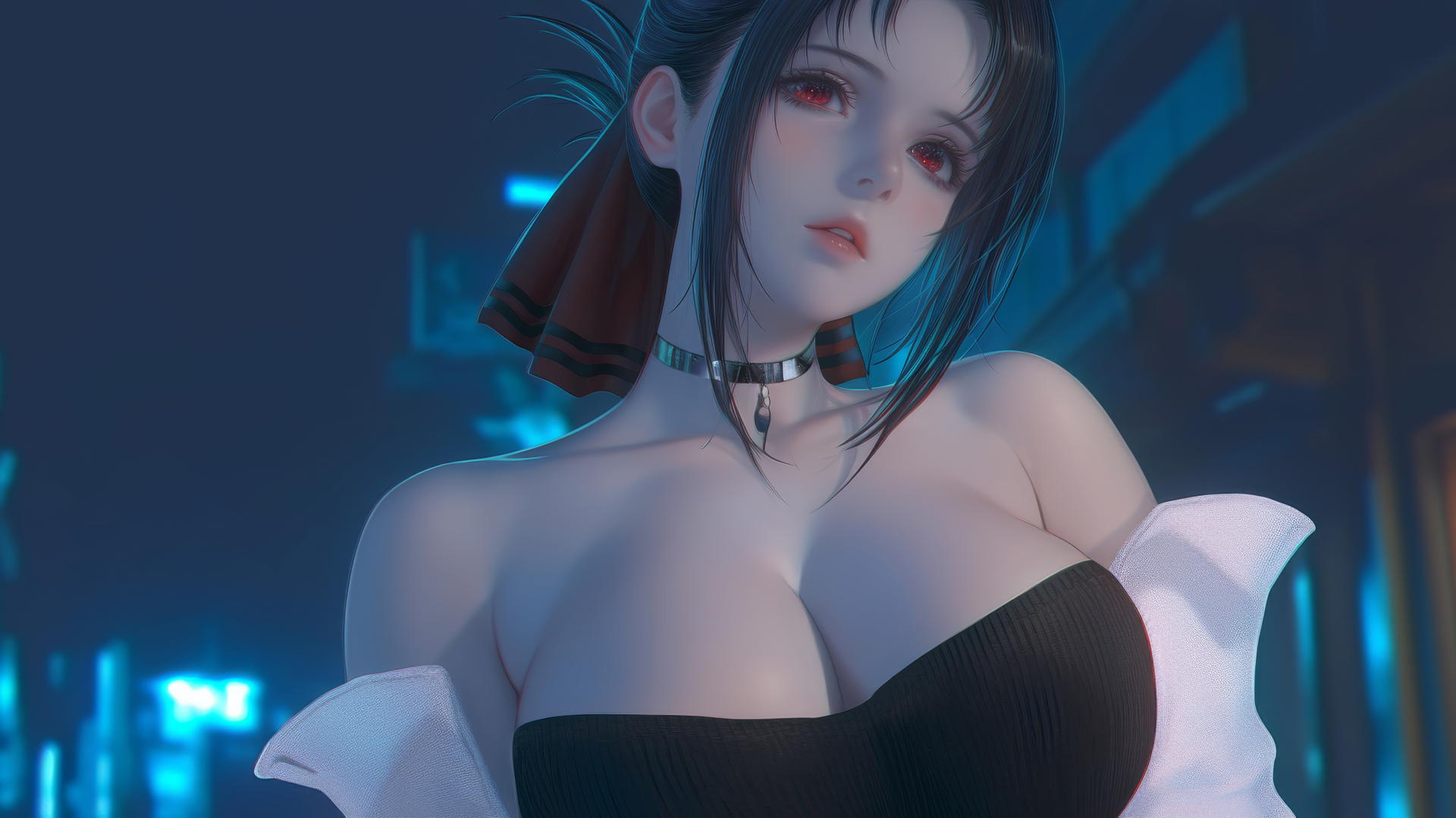 Kaguya Shinomiya from Kaguya-sama: Love Is War, in a broken sweater, kneeling and looking down with red eyes under a neon light.
