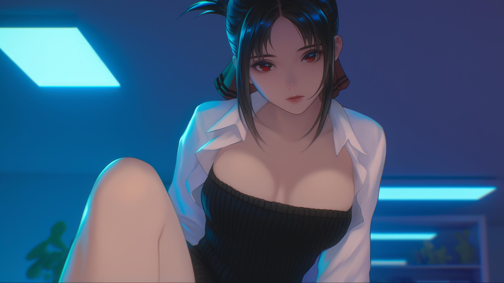 Kaguya Shinomiya kneeling, red eyes, broken sweater, neon light from ceiling