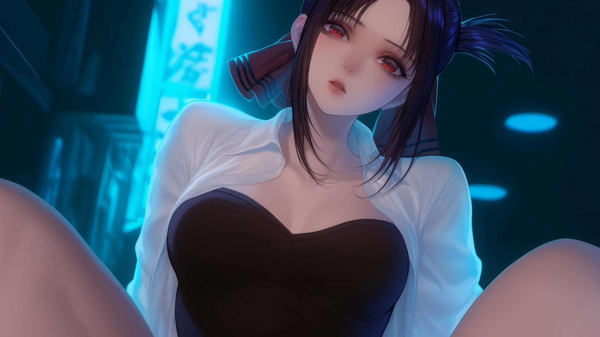 Kaguya Shinomiya kneeling, wearing broken sweater, red eyes, neon light glow