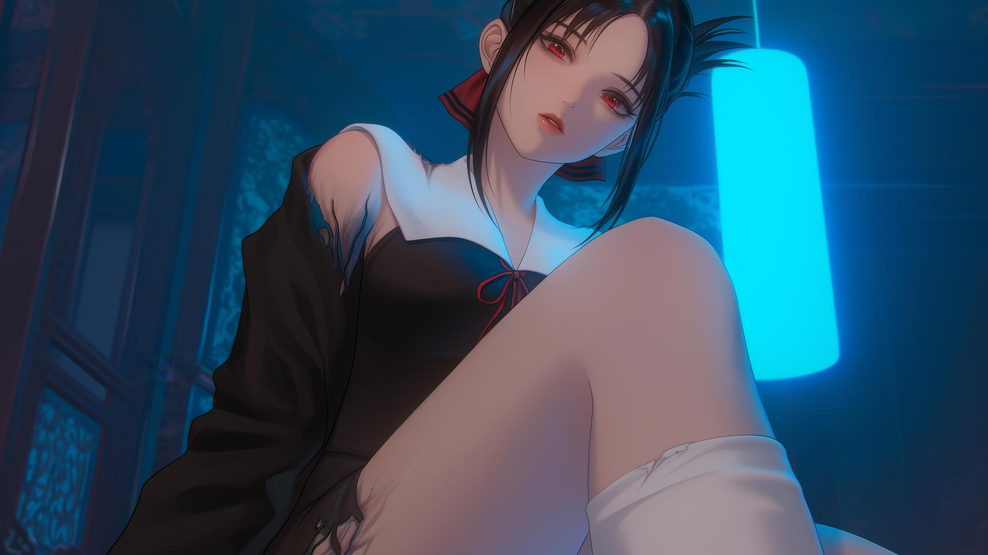 Kaguya Shinomiya kneeling in broken sweater, red eyes, neon ceiling lights.