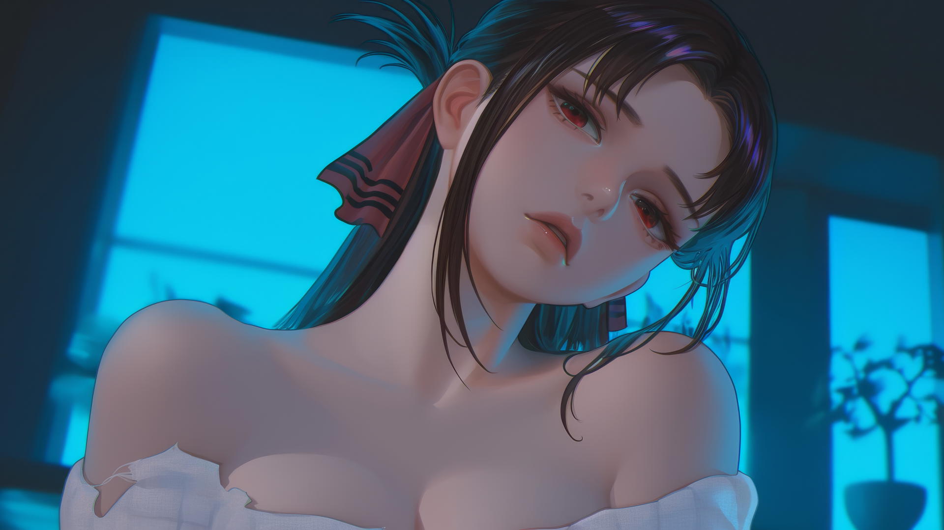 Kaguya Shinomiya kneeling, red eyes, broken sweater, neon ceiling light glow