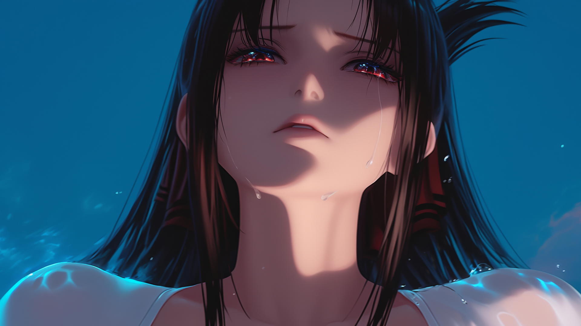 Kaguya Shinomiya kneeling, with red eyes and a broken sweater, looking down with a soft neon glow.