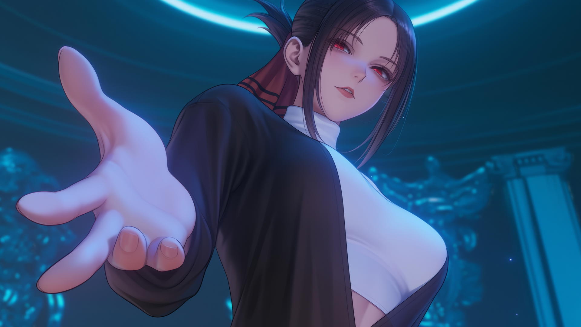 Kaguya Shinomiya kneeling with red eyes and broken sweater, under neon light