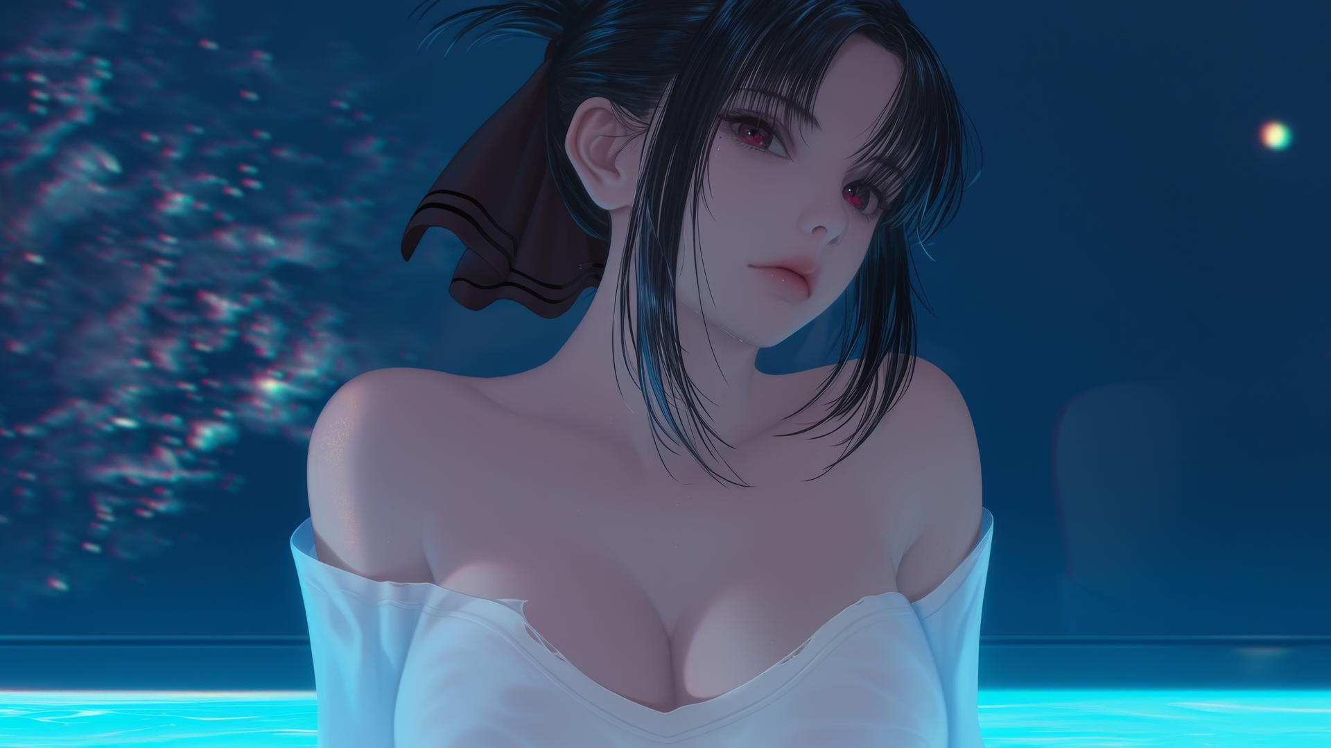 Kaguya Shinomiya from Kaguya-sama wa Kokurasetai kneeling, red eyes, worn-out t-shirt, neon light glow.