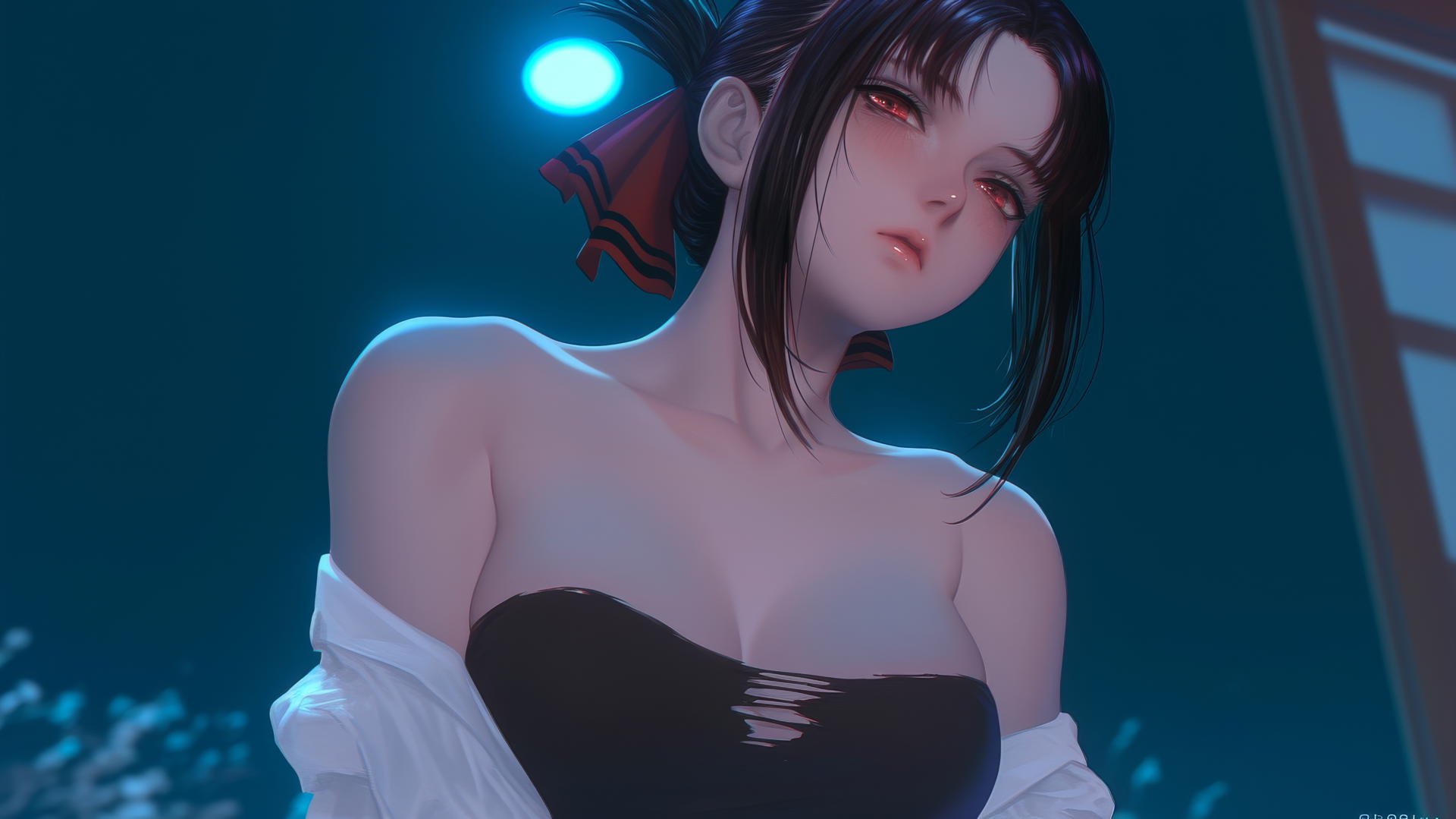 Kaguya Shinomiya kneeling, wearing a worn-out office shirt with rips, under neon lights, at Christmas.